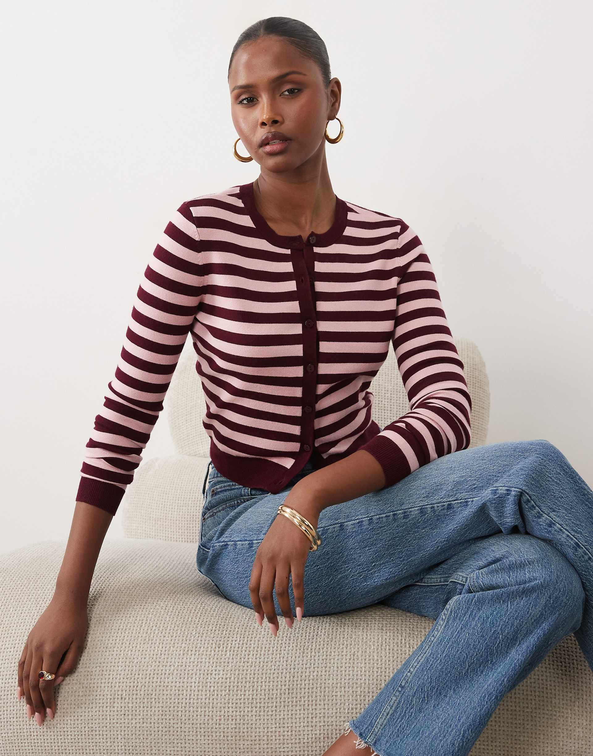 The Frolic exclusive button up cardigan in pink and burgundy stripes