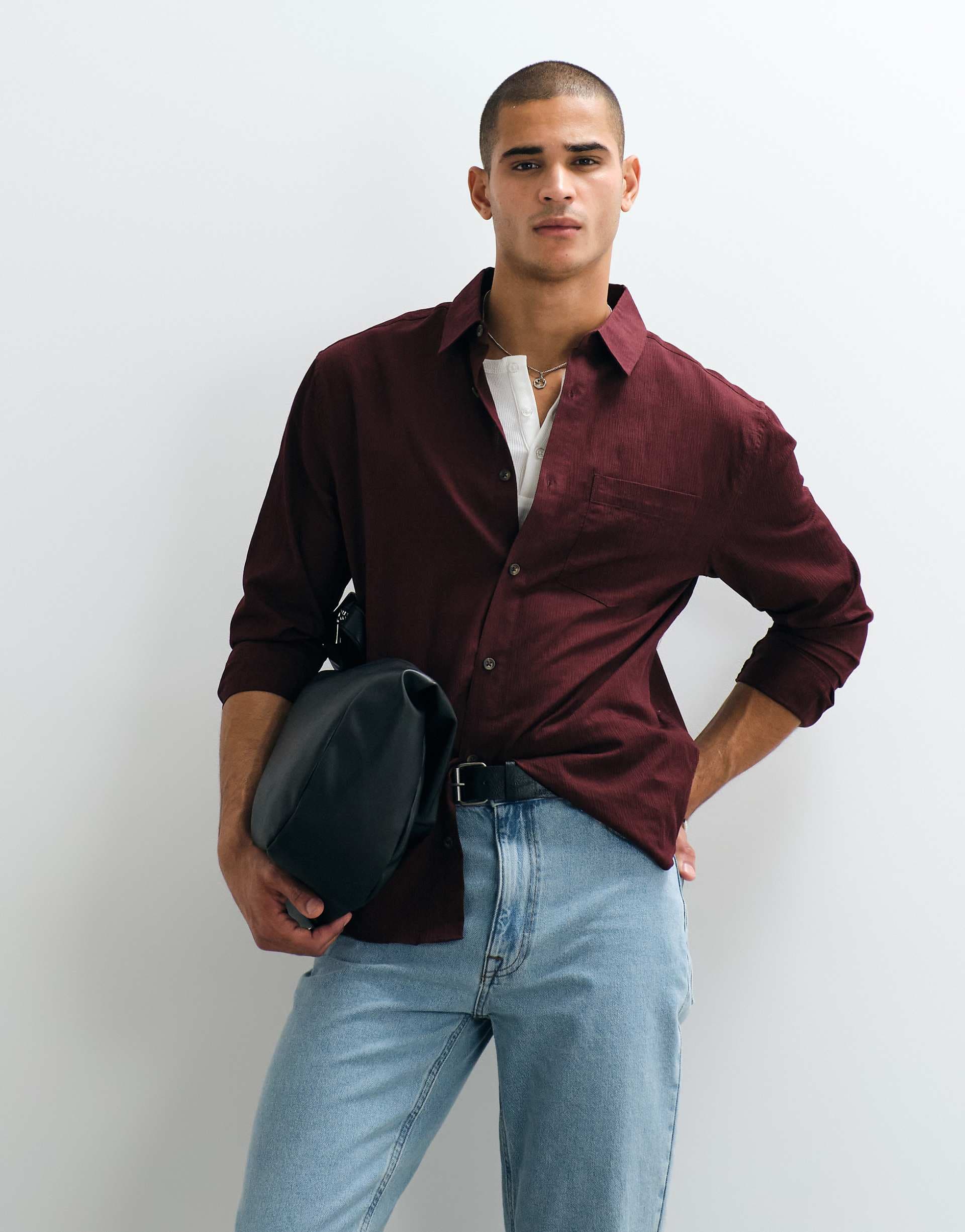 ASOS DESIGN relaxed textured shirt in burgundy
