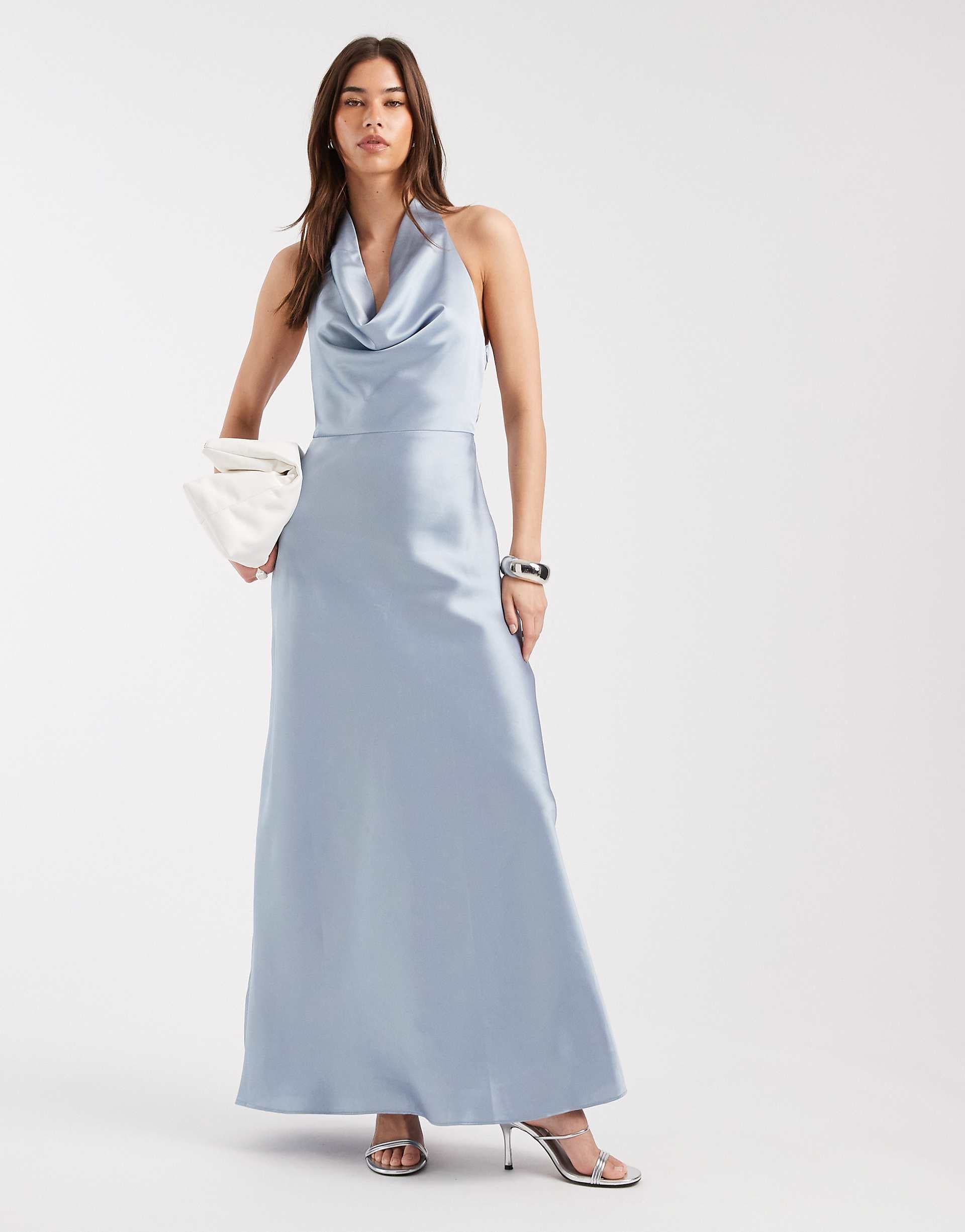 4th & Reckless satin cowl neck low back maxi dress in light blue
