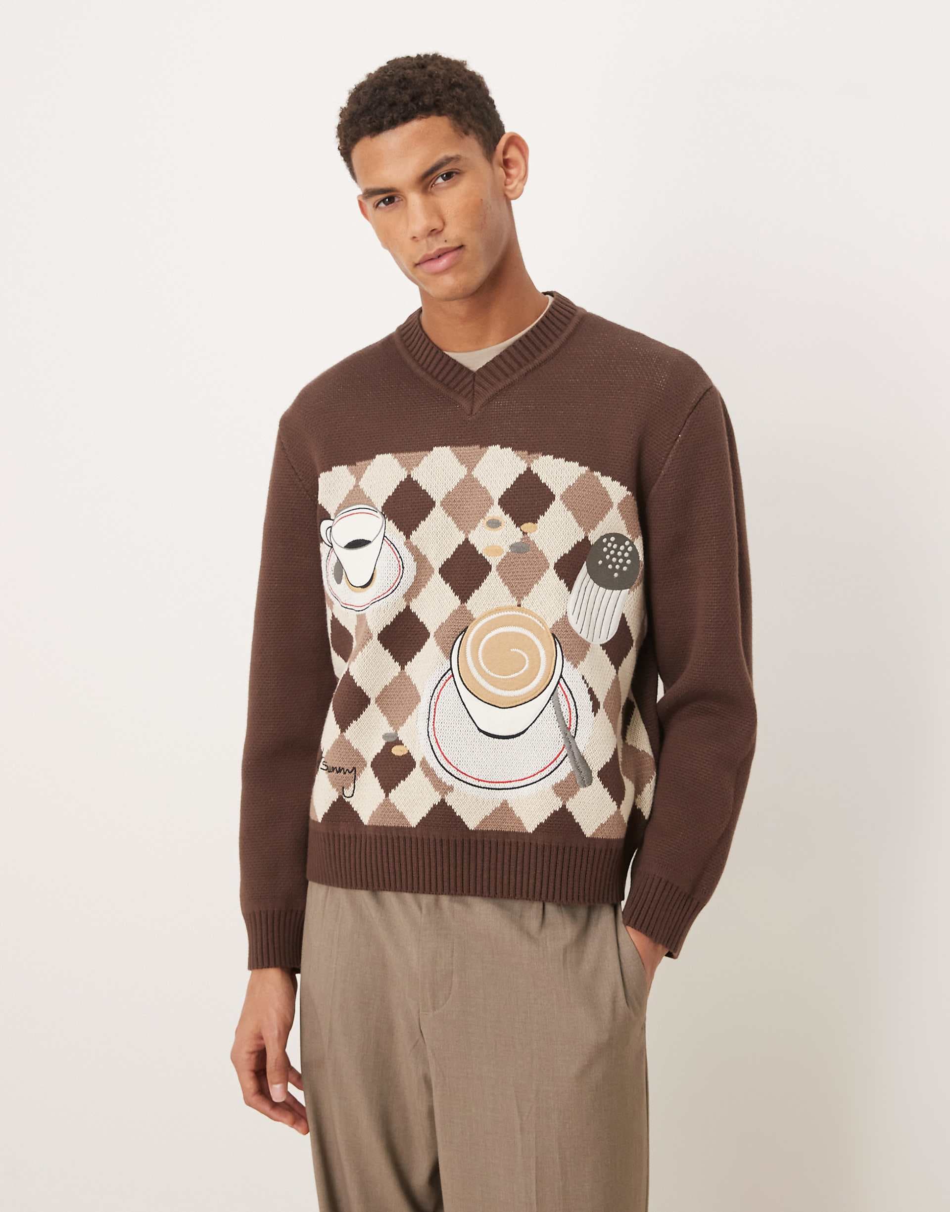 House of Sunny daily grind jacquard knit v neck sweater in brown