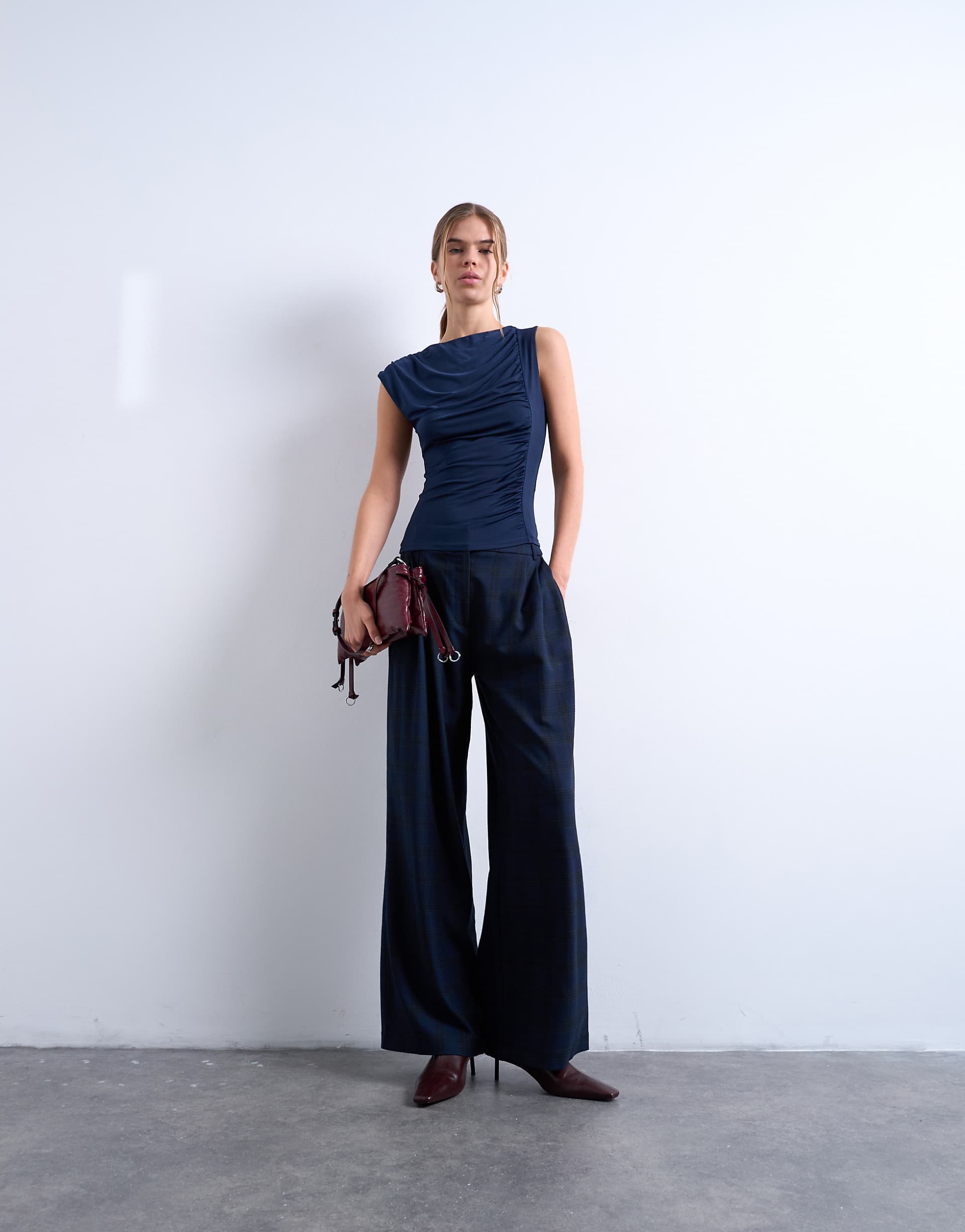 Topshop tailored pleated high waist pants in plaid