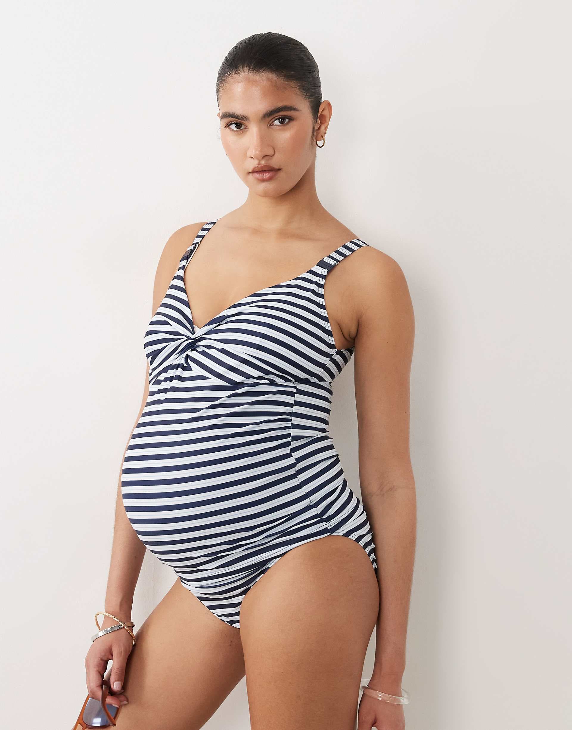 Mamalicious Maternity knot bust swimsuit with nursing clip function in navy striped print
