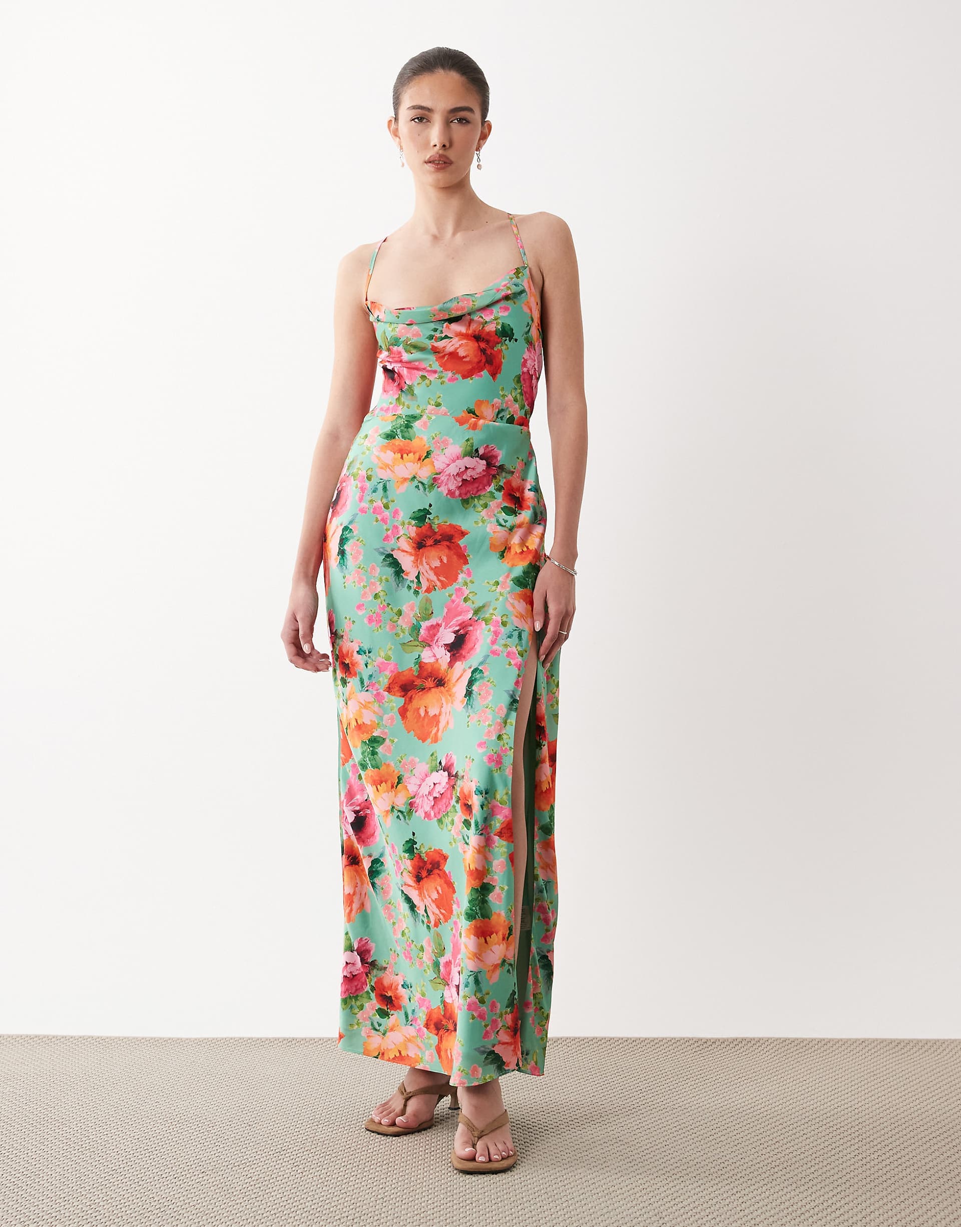 Hope & Ivy satin cami maxi dress in green floral print