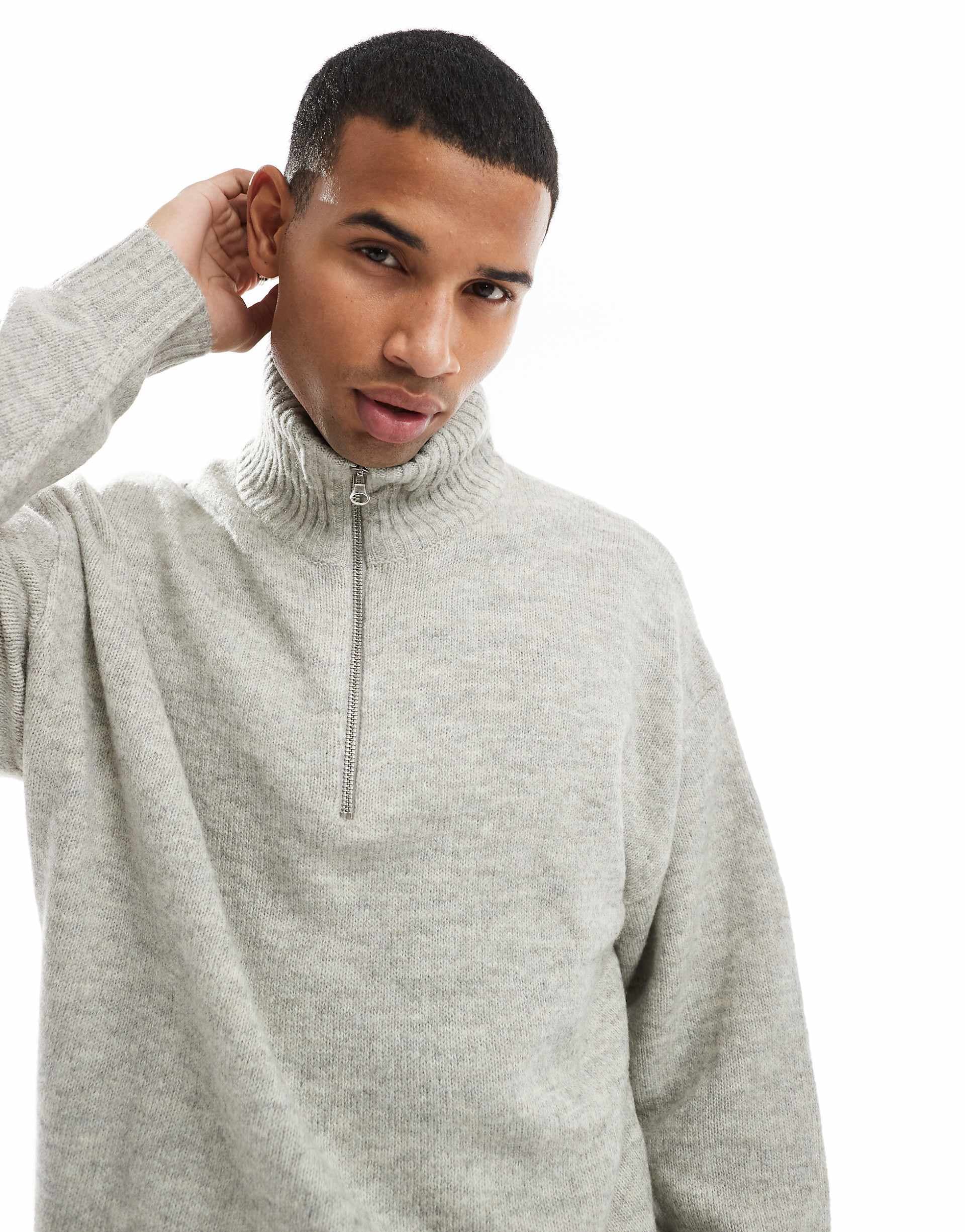 Jack & Jones oversized fluffy half zip sweater in black