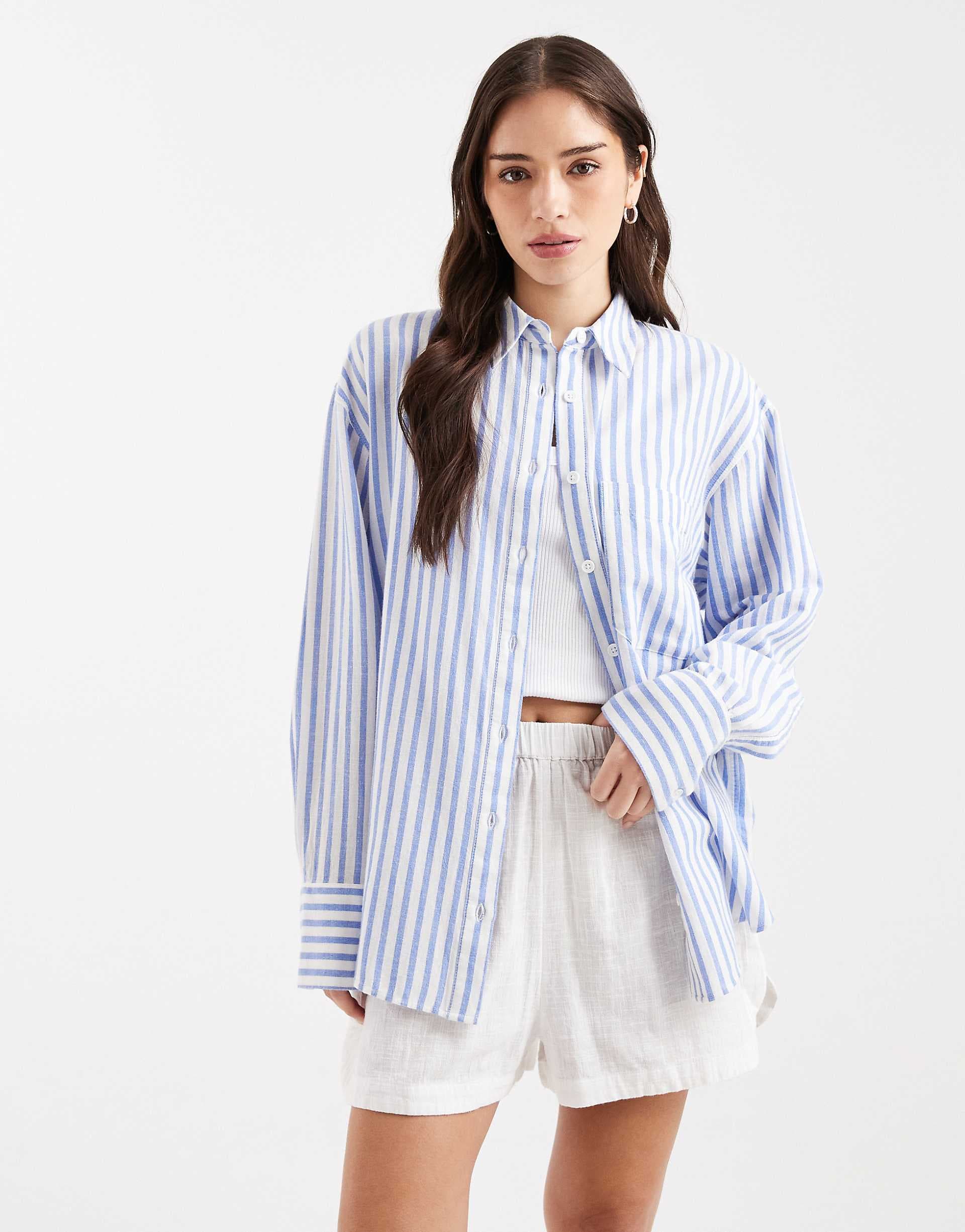 ASOS DESIGN oversized shirt with linen in blue stripe