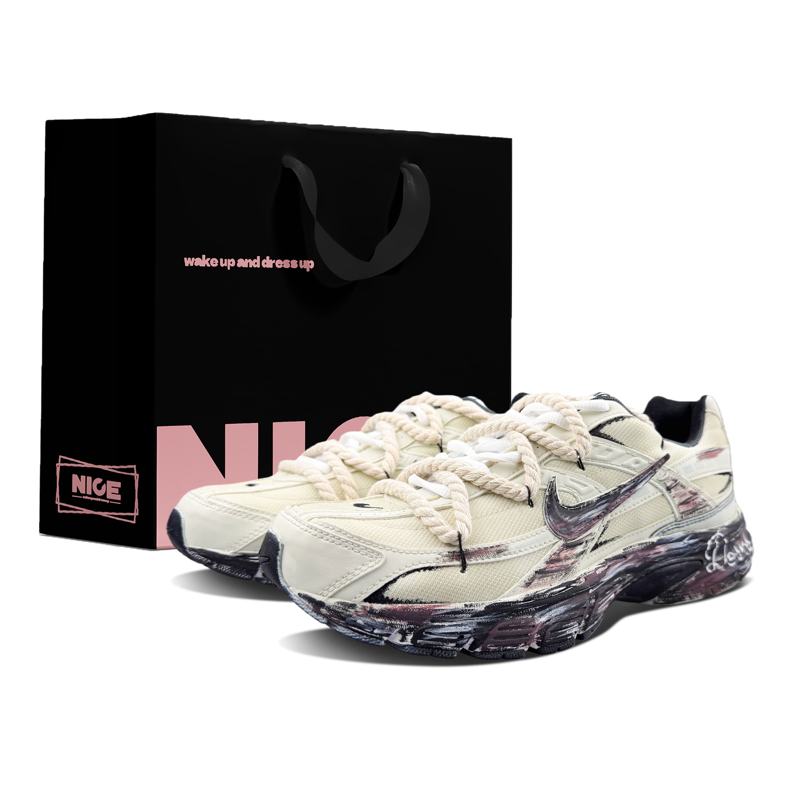 Nike Initiator 'Grey Tone Rhapsody' Custom Sneakers: Chocolate Distressed, Hand-Painted Graffiti, Low-Top Casual City Commuter Running Shoes Men's Khaki