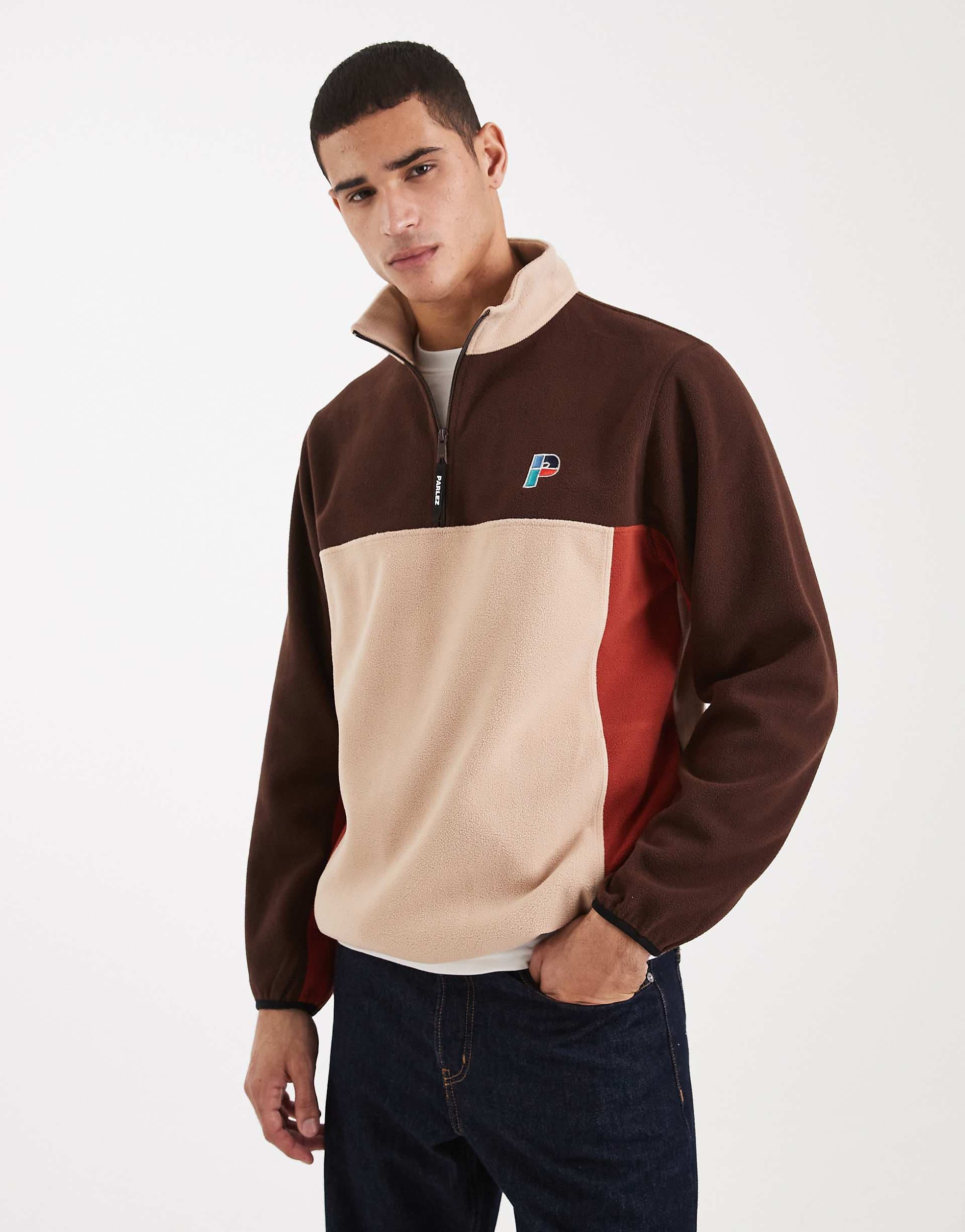 Parlez 1/4 zip logo color block fleece in brown/beige