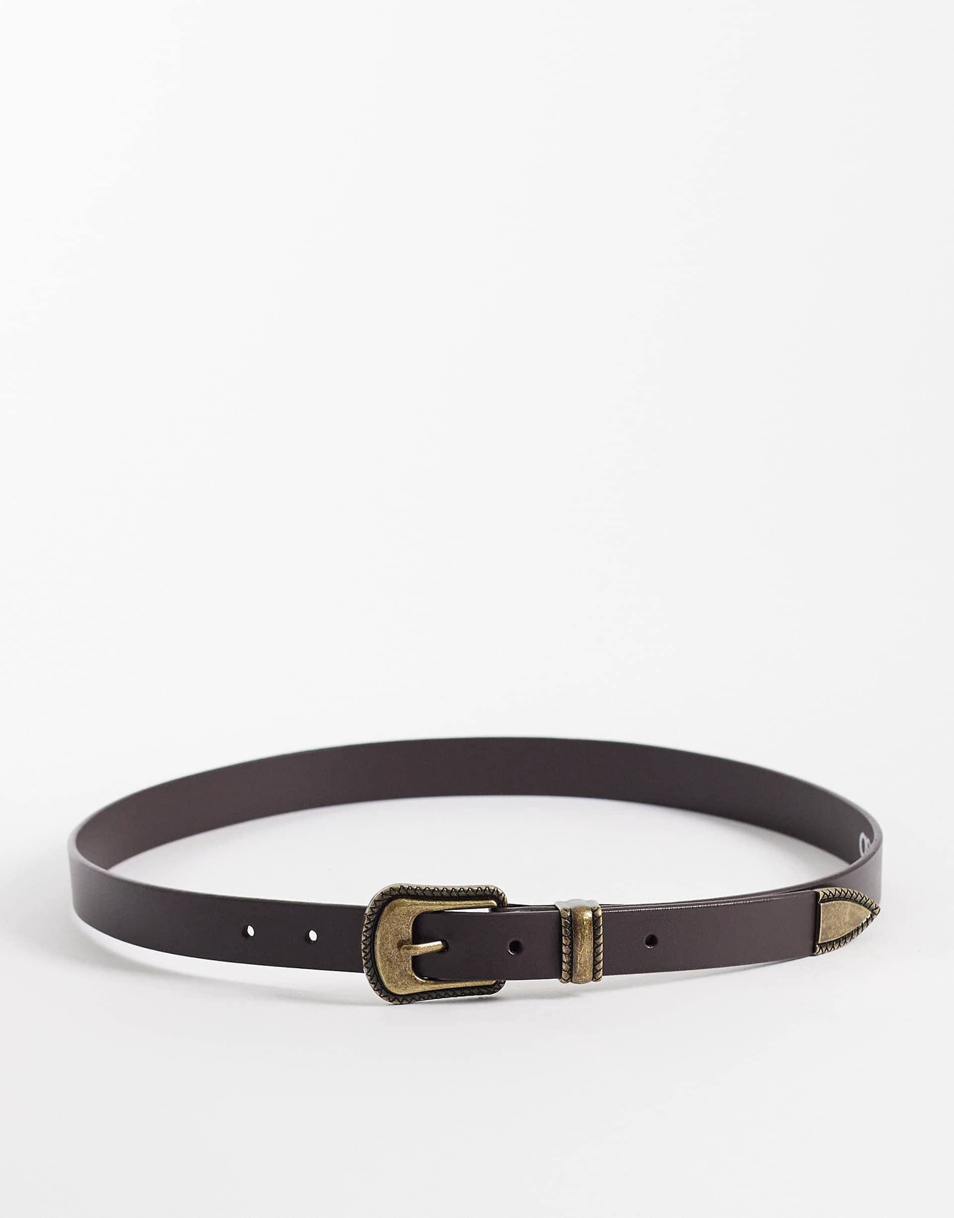 ASOS DESIGN western skinny leather belt with antique gold buckle