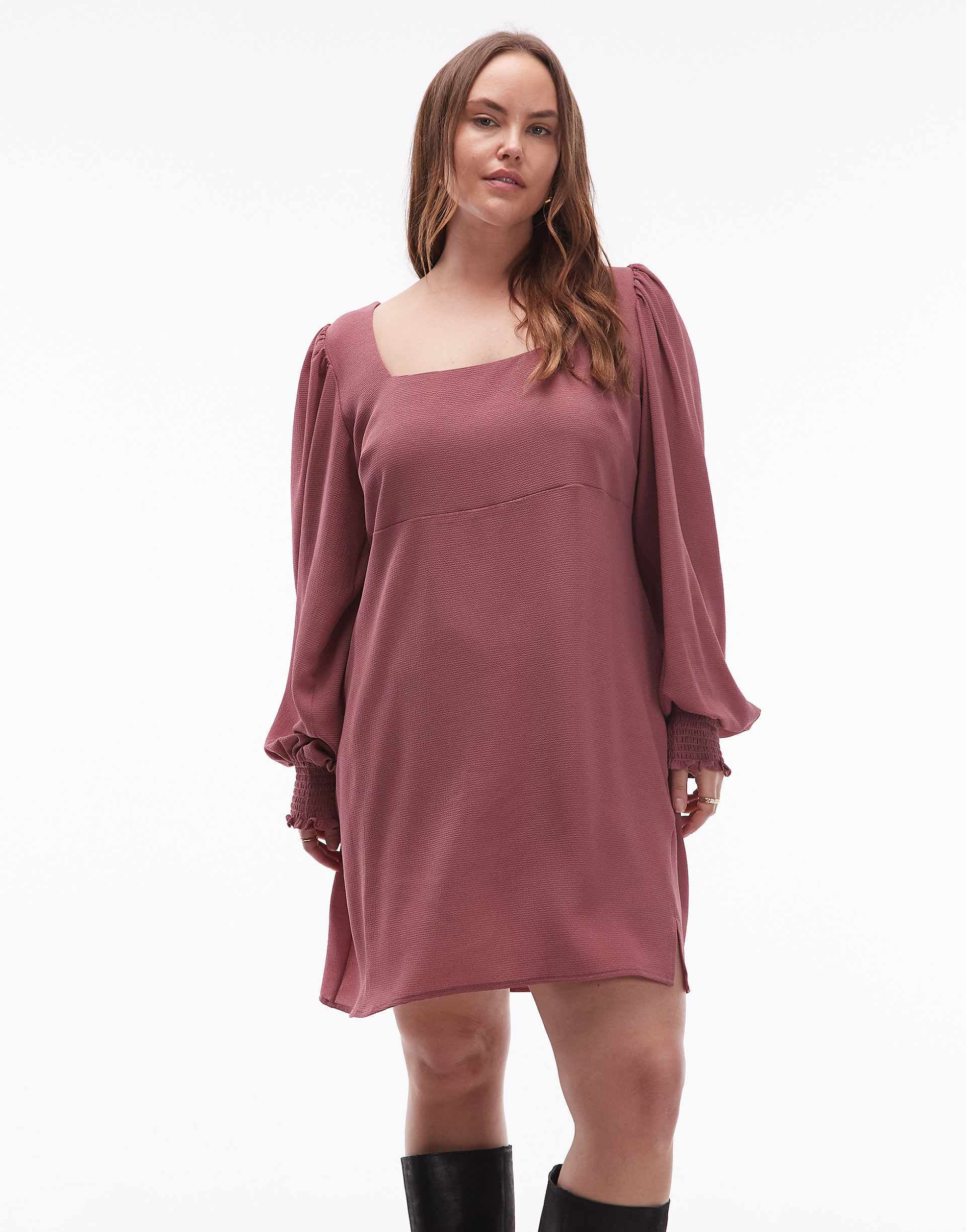 ASOS DESIGN Curve square neck long sleeve dress with tie back detail in rose