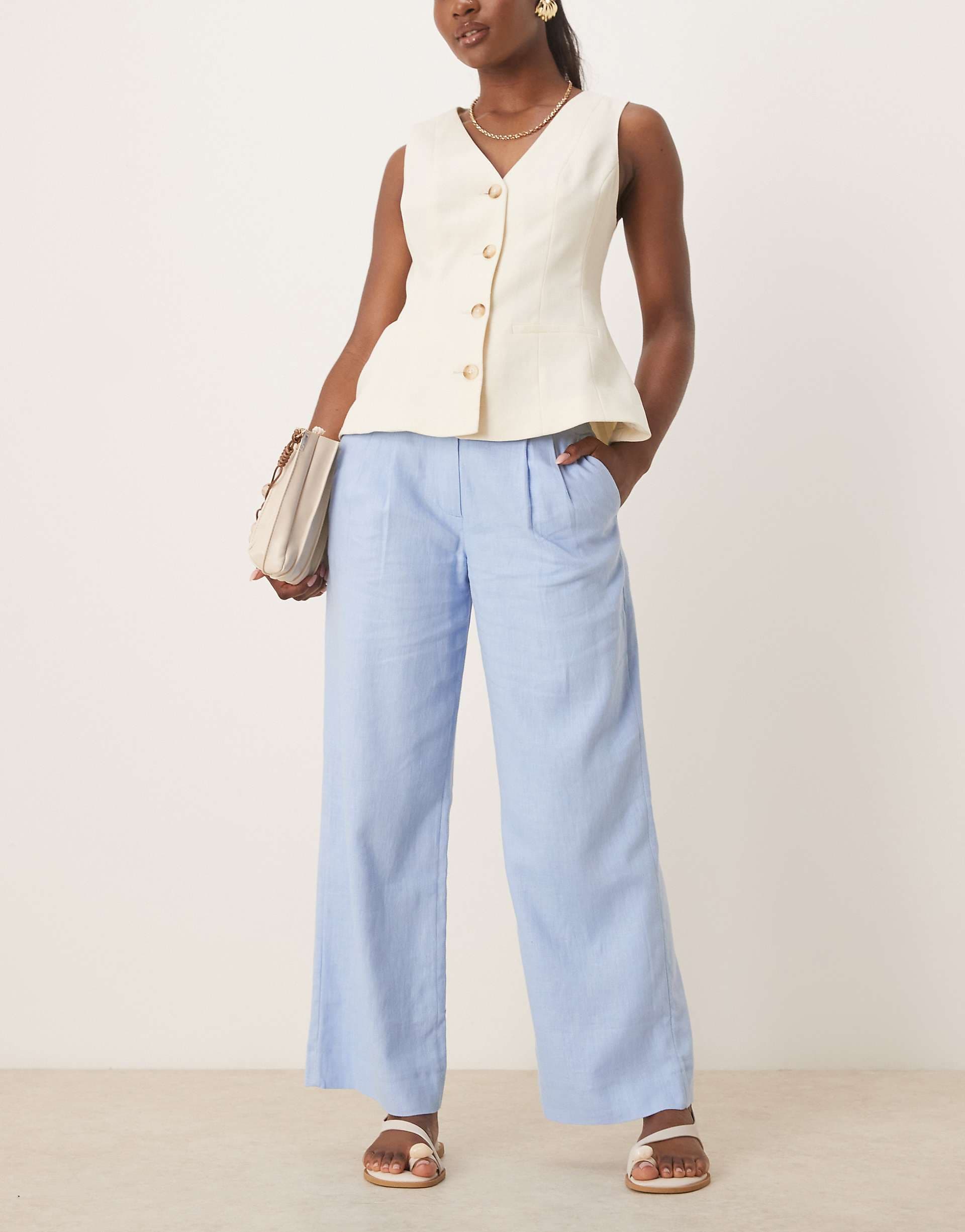Abercrombie & Fitch curve love low rise linen mix pants in blue