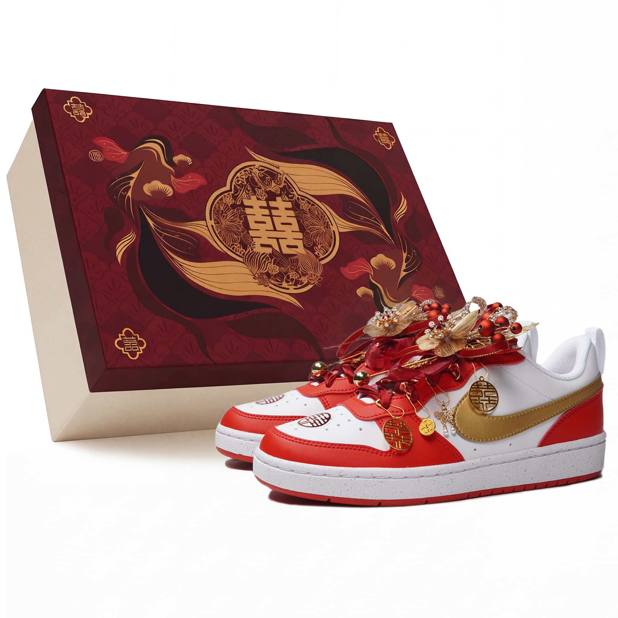 Custom Sneakers Nike Court Borough Year of the Horse CNY Wedding 'Hundred Years of Harmony' GS Wedding Gift Box Fashion Casual Low-Top Skate Shoes Women's Red