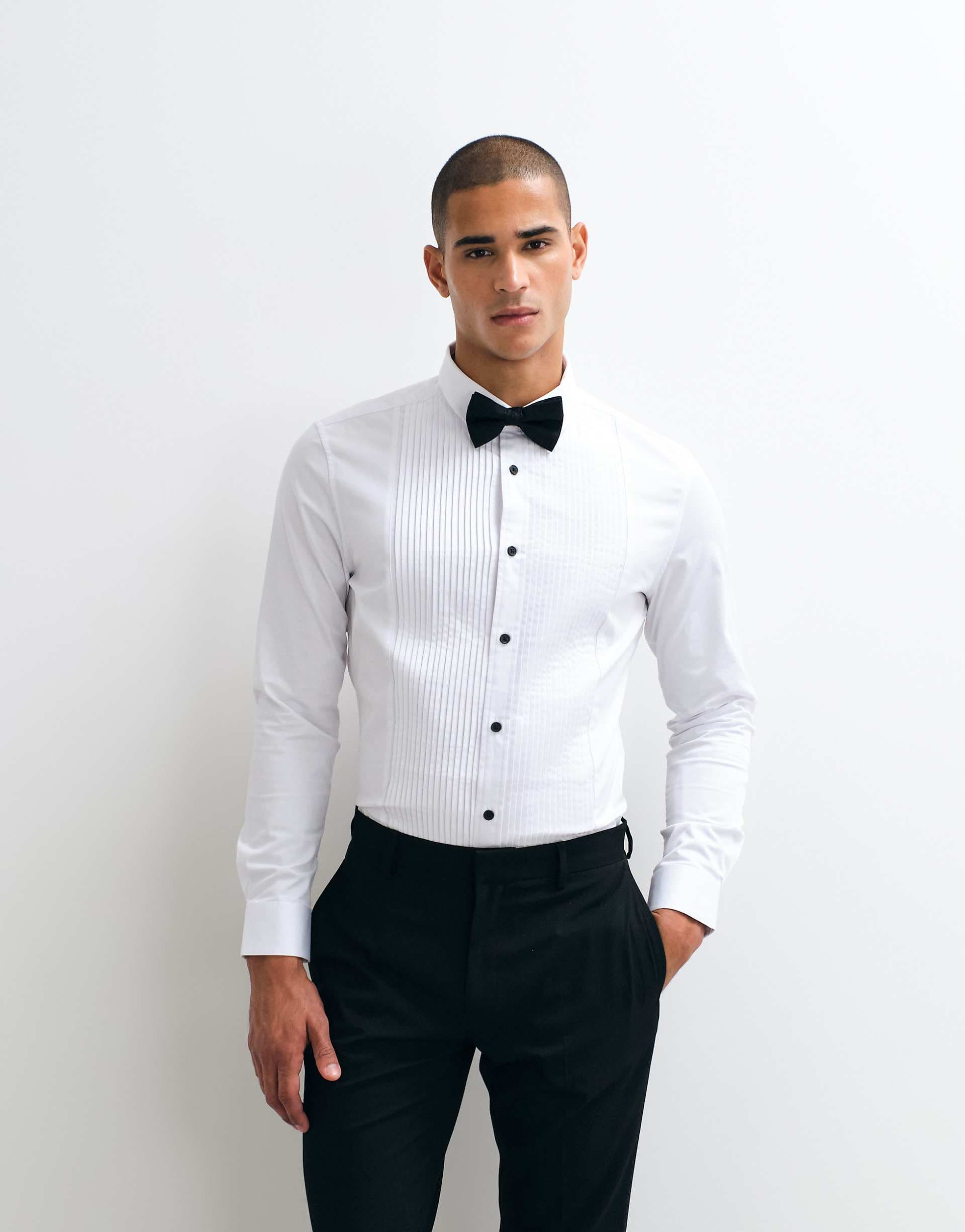 ASOS DESIGN slim fit sateen shirt with pleated bib detail in white