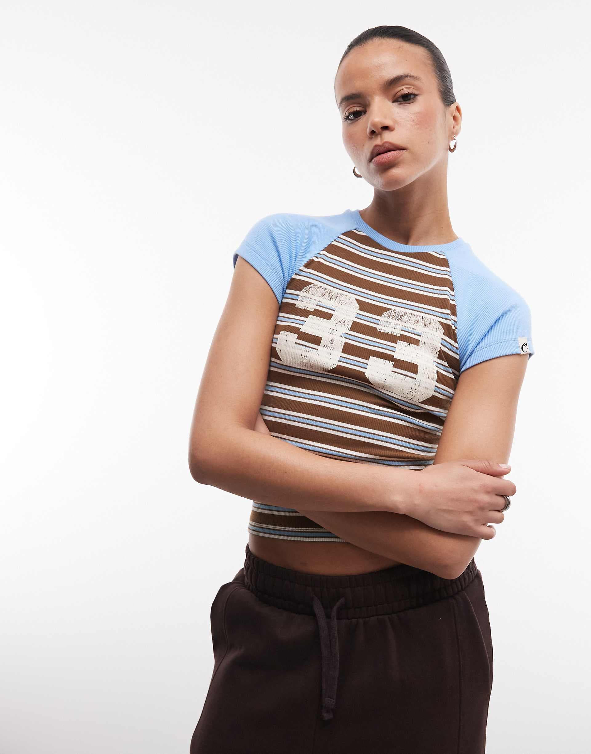 COLLUSION short sleeve raglan sporty tee in blue stripe