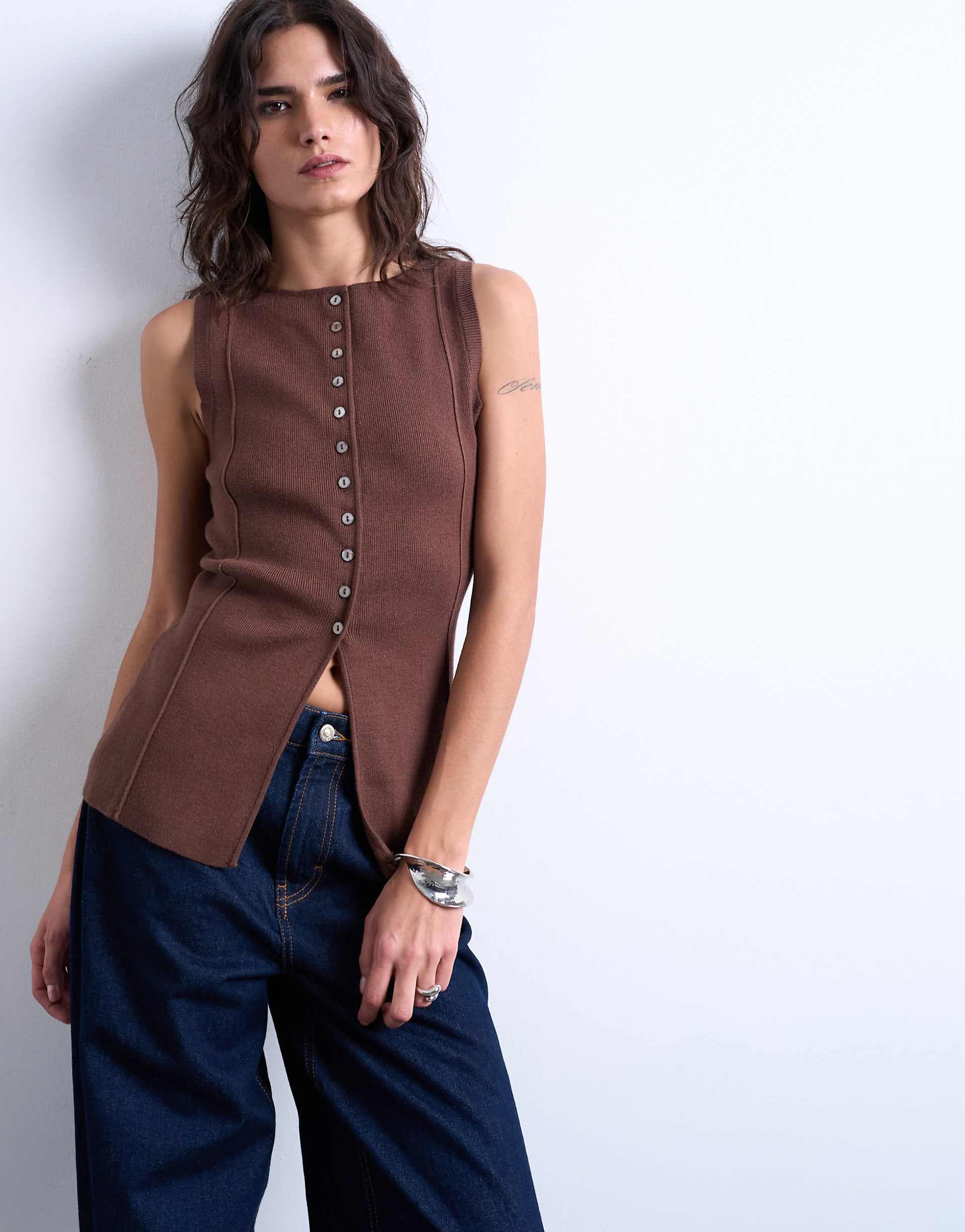 Topshop knit longline vest in chocolate