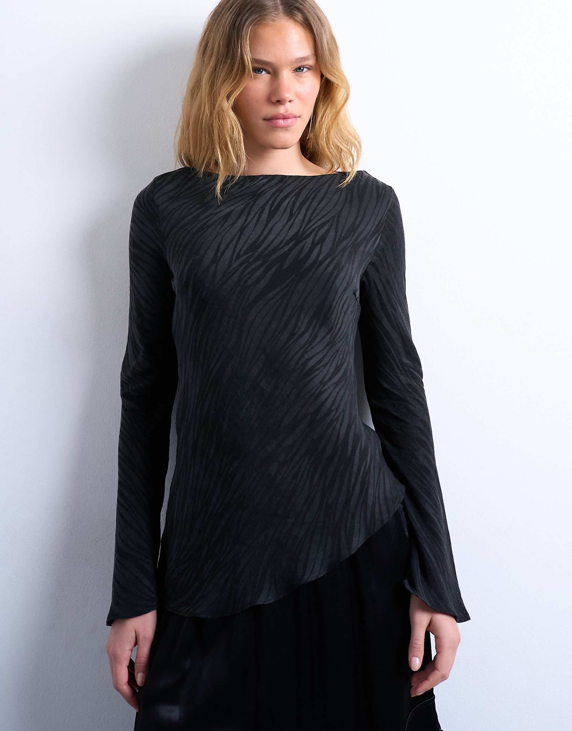 Topshop jacquard zebra slash neck long sleeve top in black