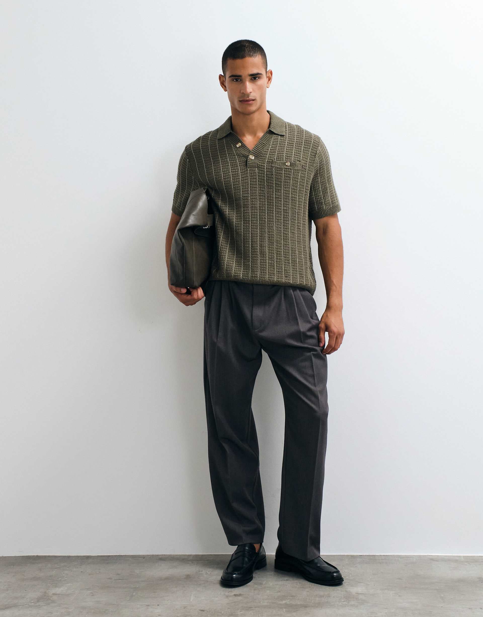 Abercrombie & Fitch knit button up polo shirt in khaki green