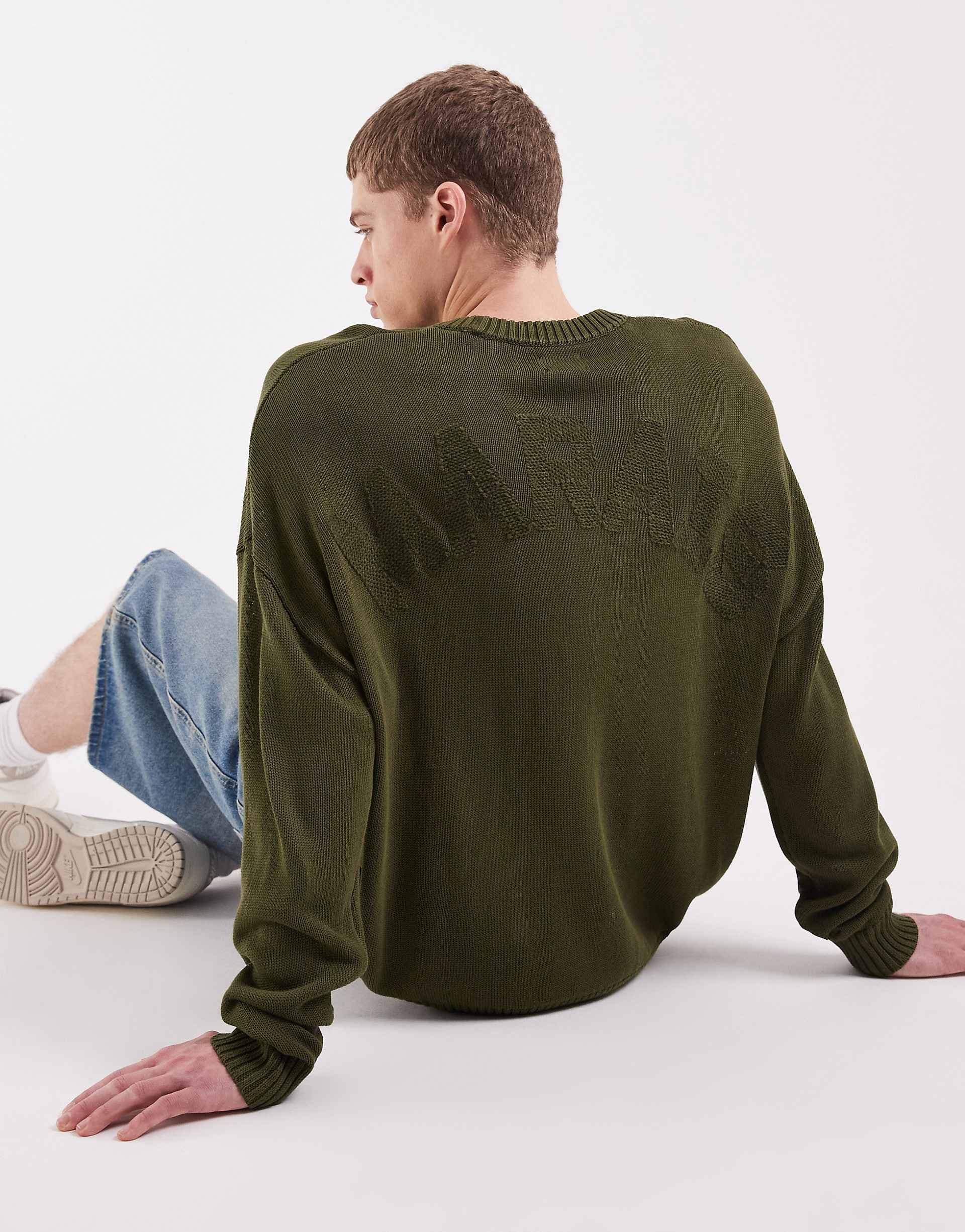 ASOS DESIGN oversized knit crew neck sweater with Marais back embroidery in khaki