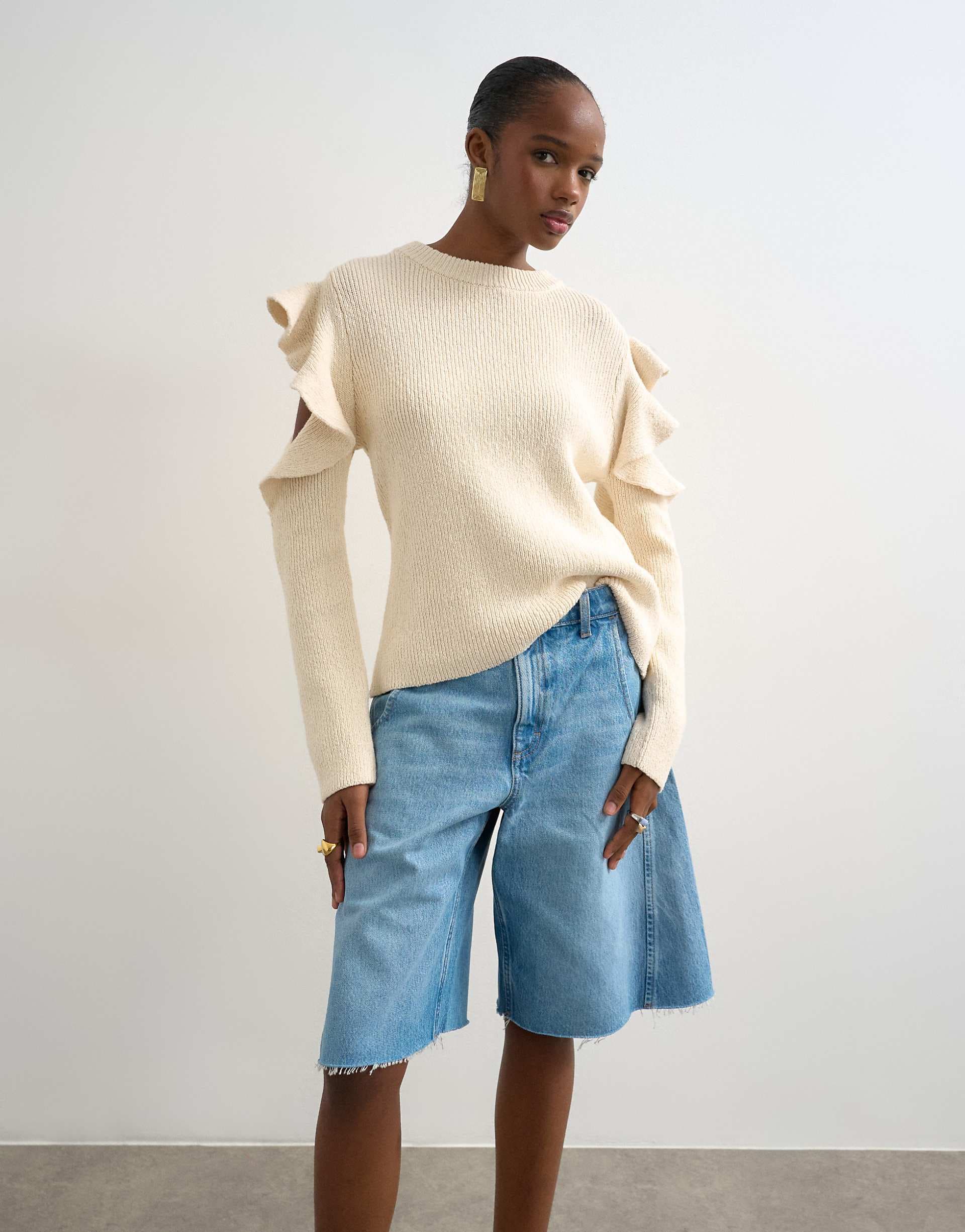Topshop knit frill sleeve sweater in ivory