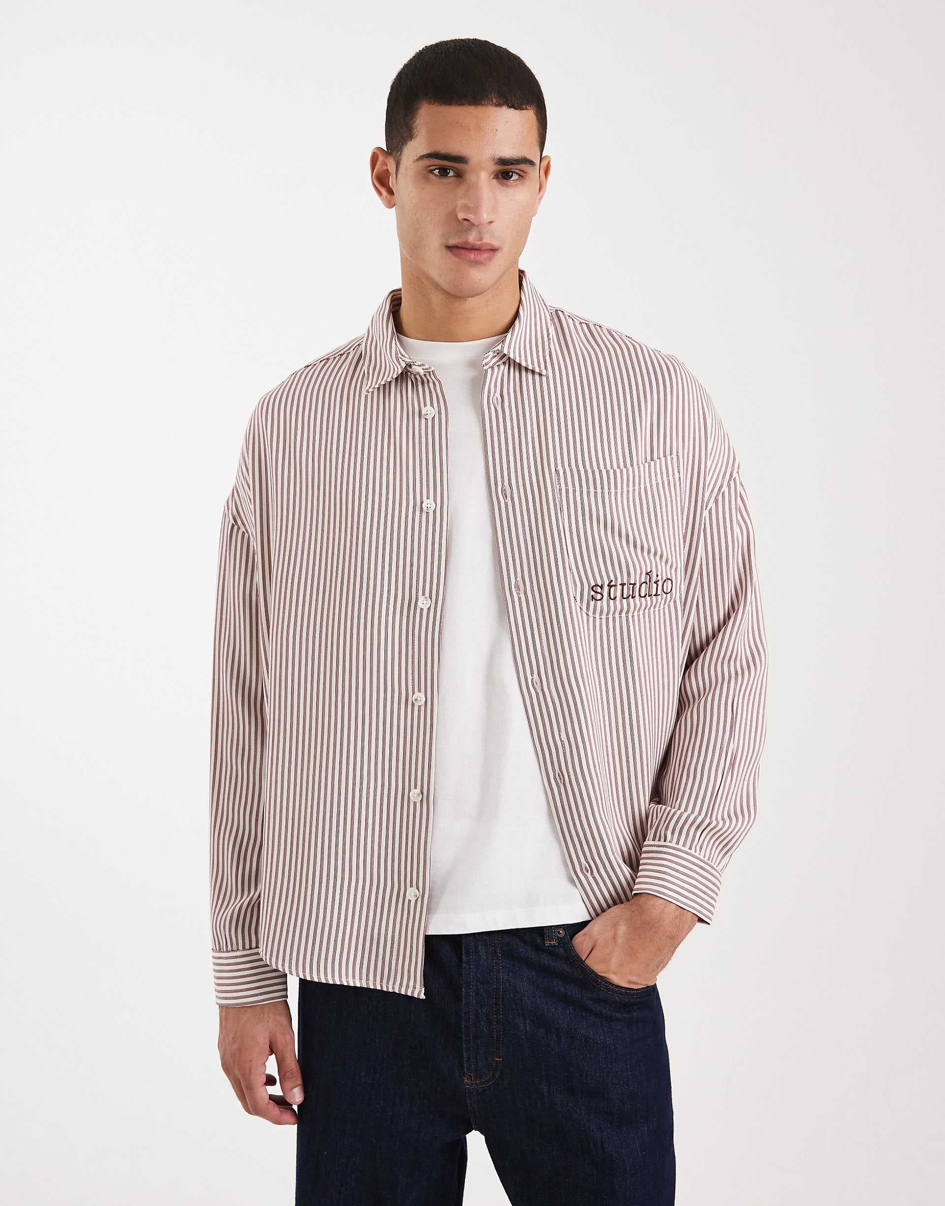 ASOS DESIGN oversized striped shirt with chest embroidery in beige