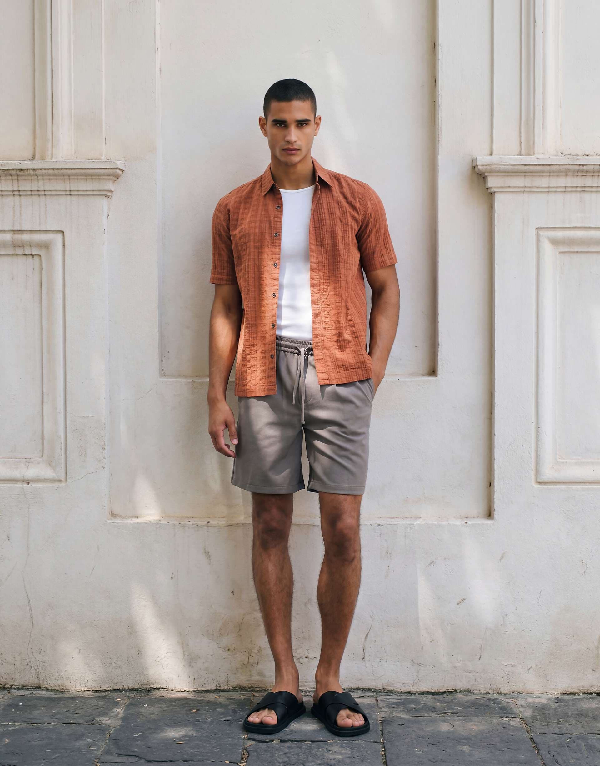 ONLY & SONS short sleeve textured shirt in rust brown