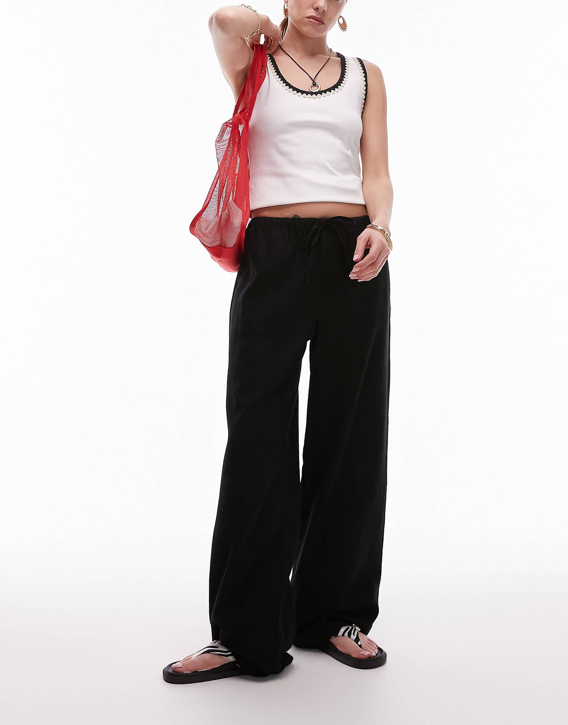 Topshop linen straight leg pants in black