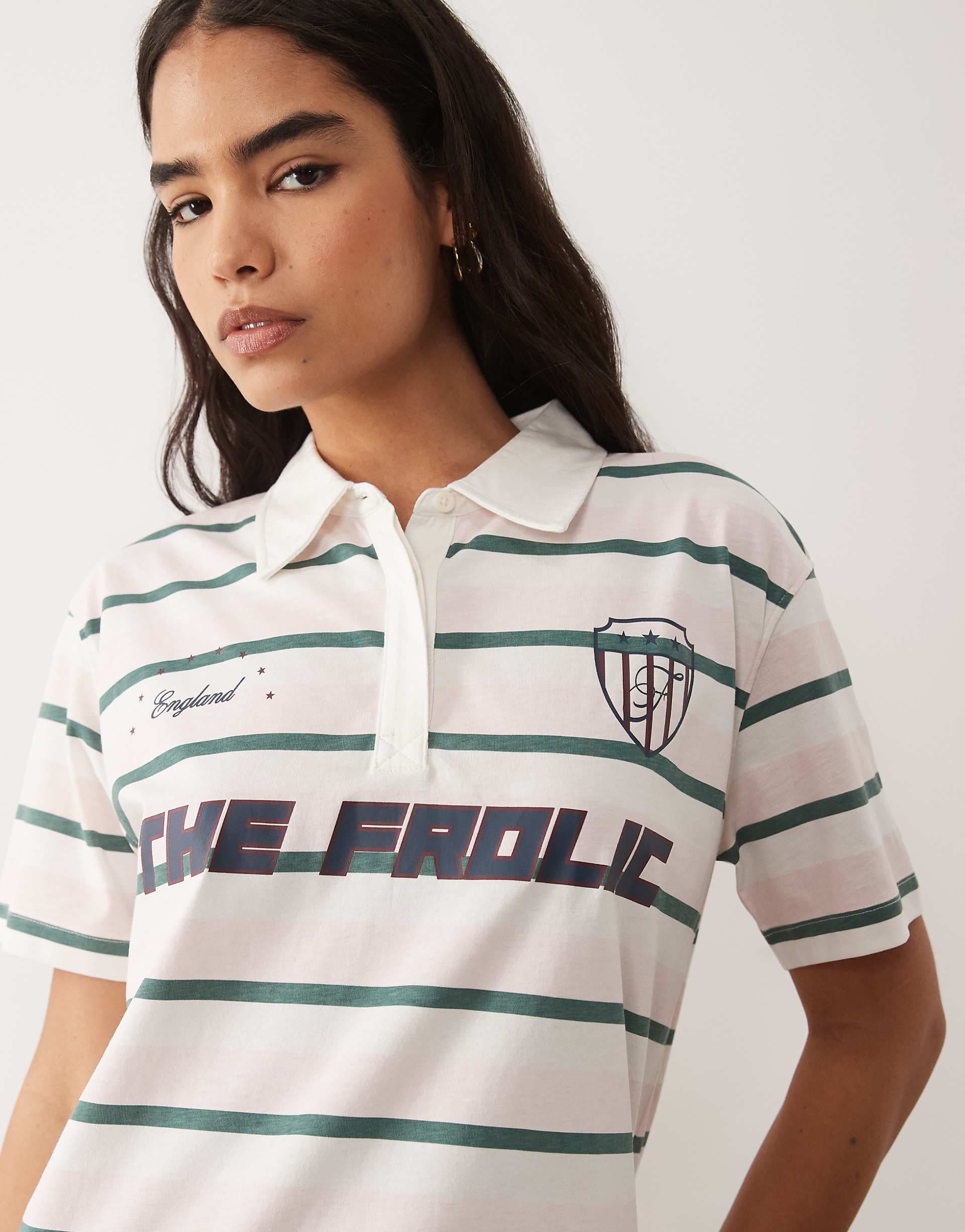 The Frolic exclusive collared graphic front football jersey T-shirt in pink and green stripes