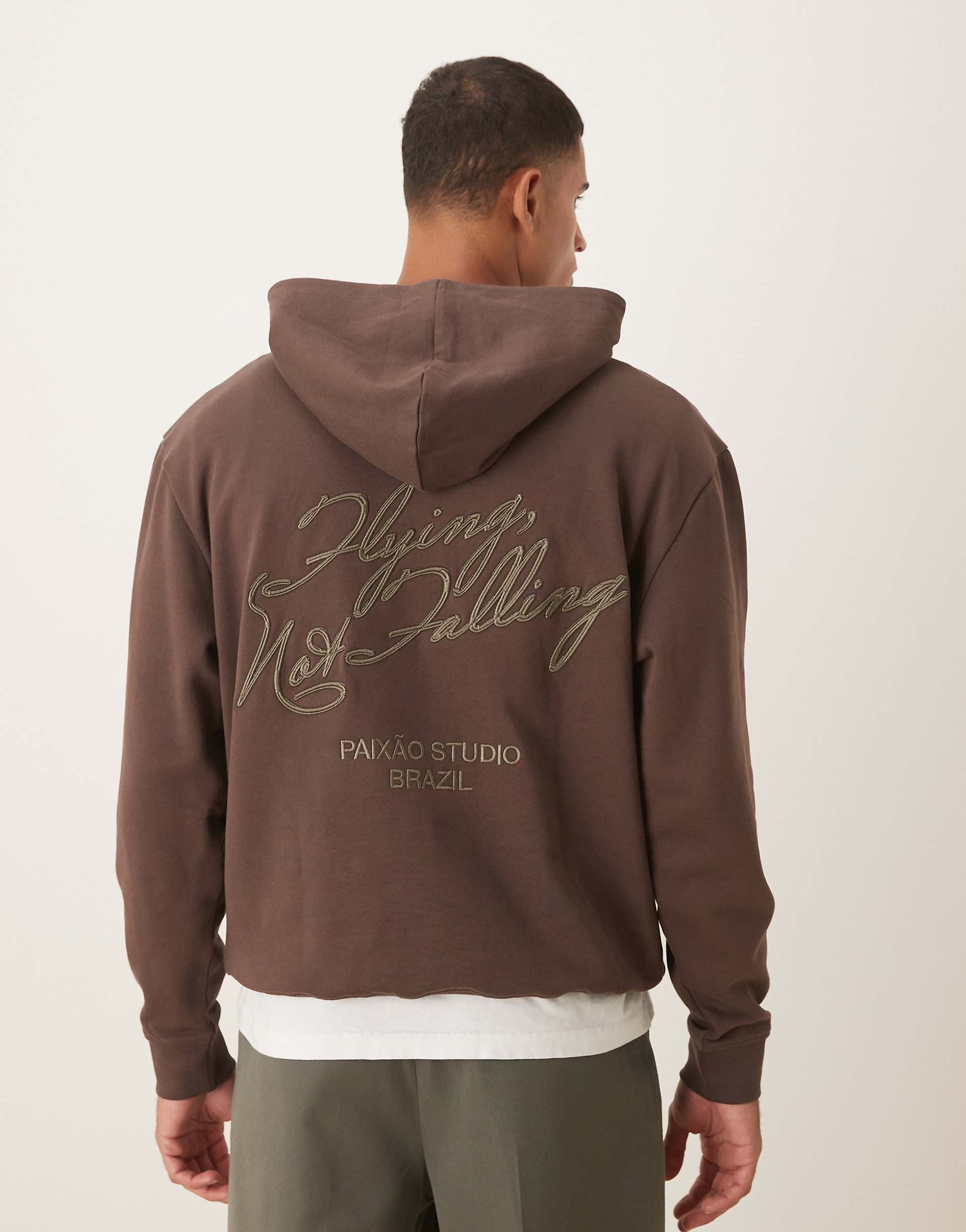 ASOS DESIGN hoodie with embroidery text print in brown