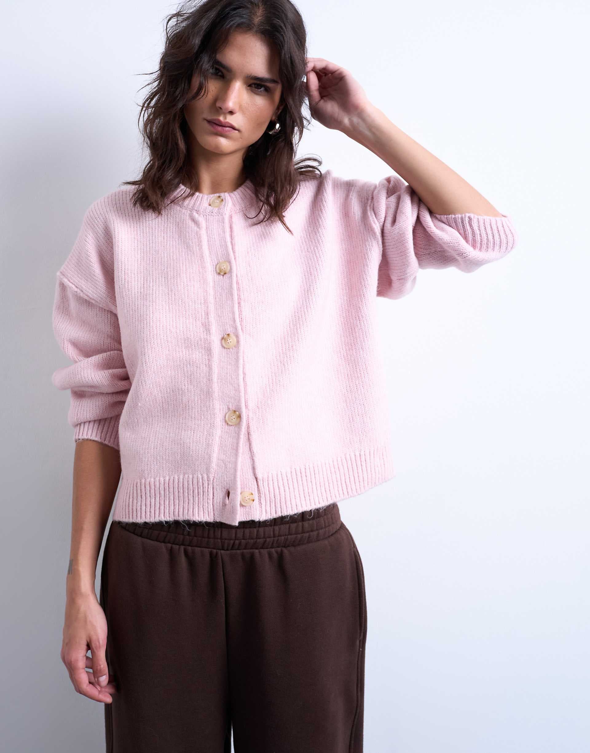 Topshop knitted exposed seam relaxed cardigan in pink