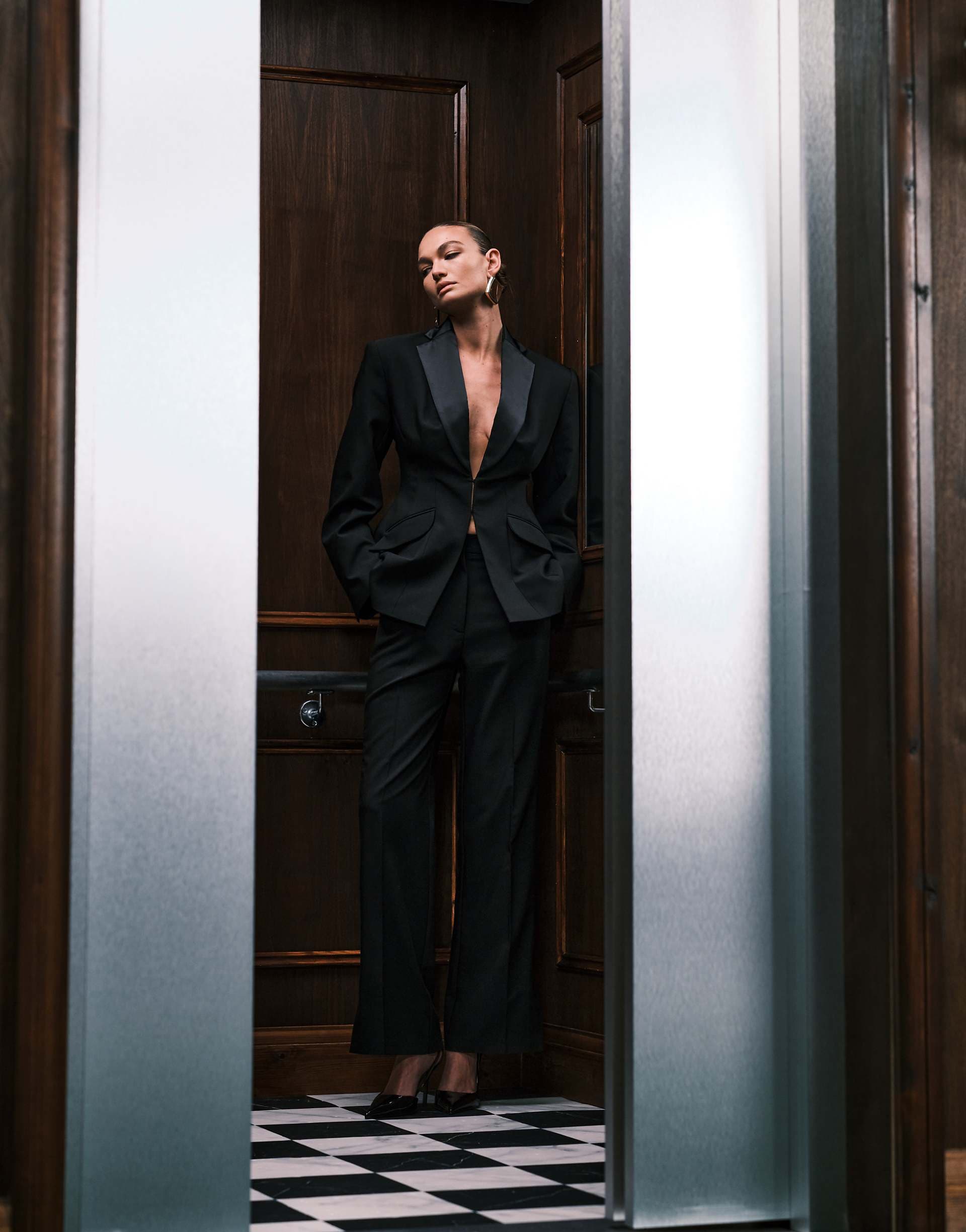 ASOS DESIGN tailored occasion straight leg pants with tuxedo side panel in black