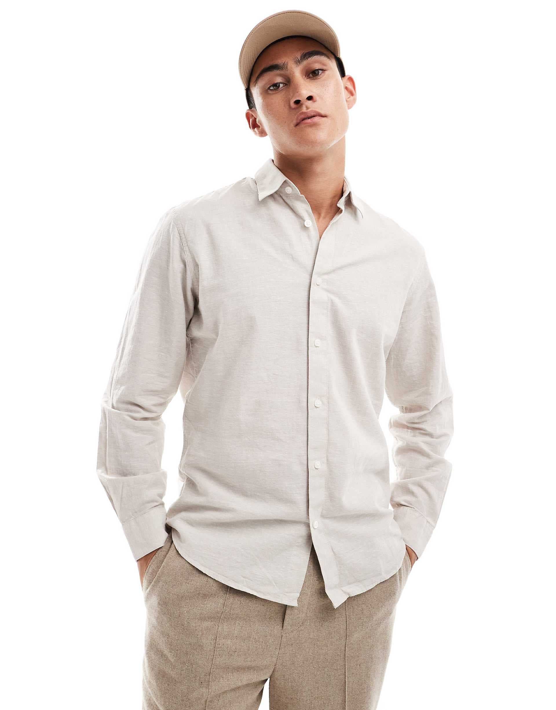 Selected long sleeve linen mix shirt in beige