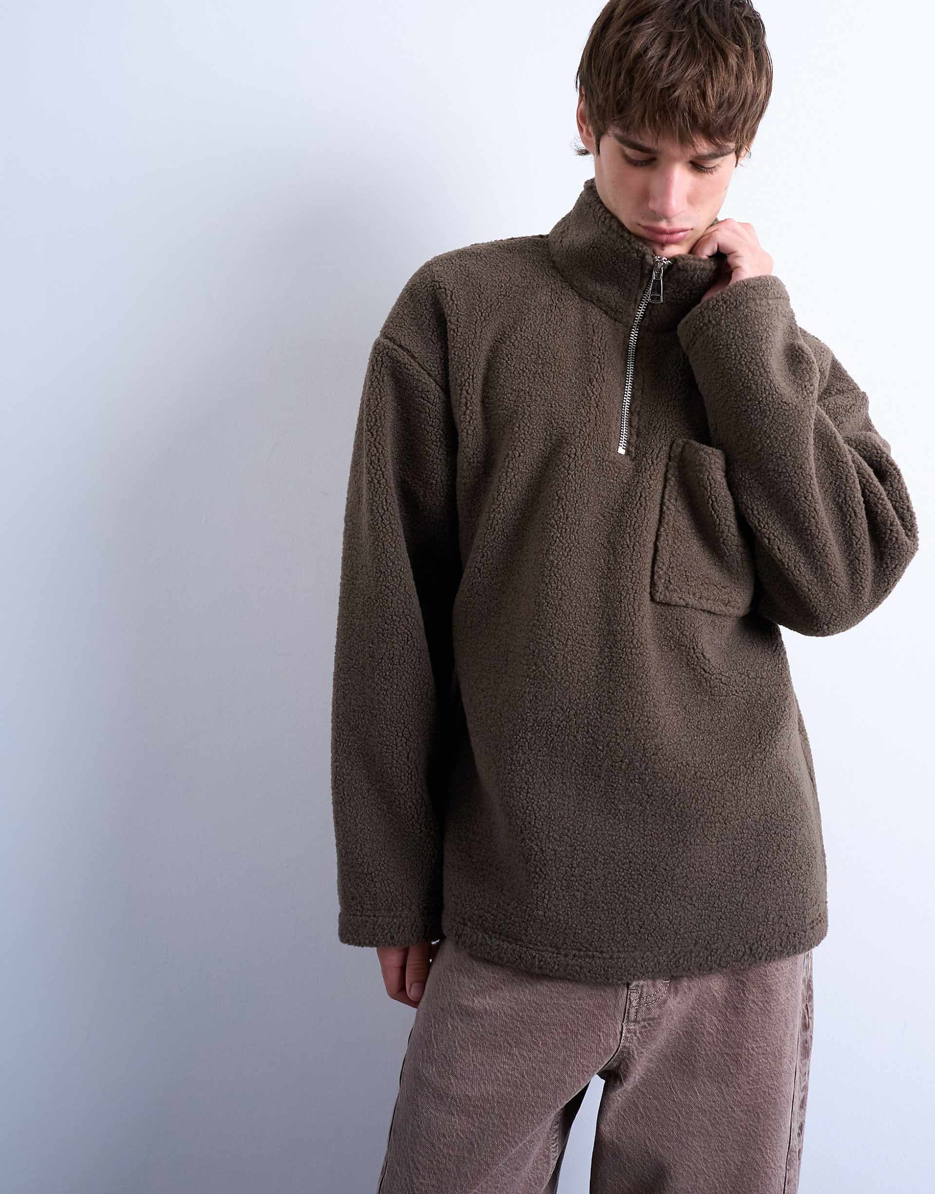 Topman 1/4 zip borg sweatshirt in dark brown