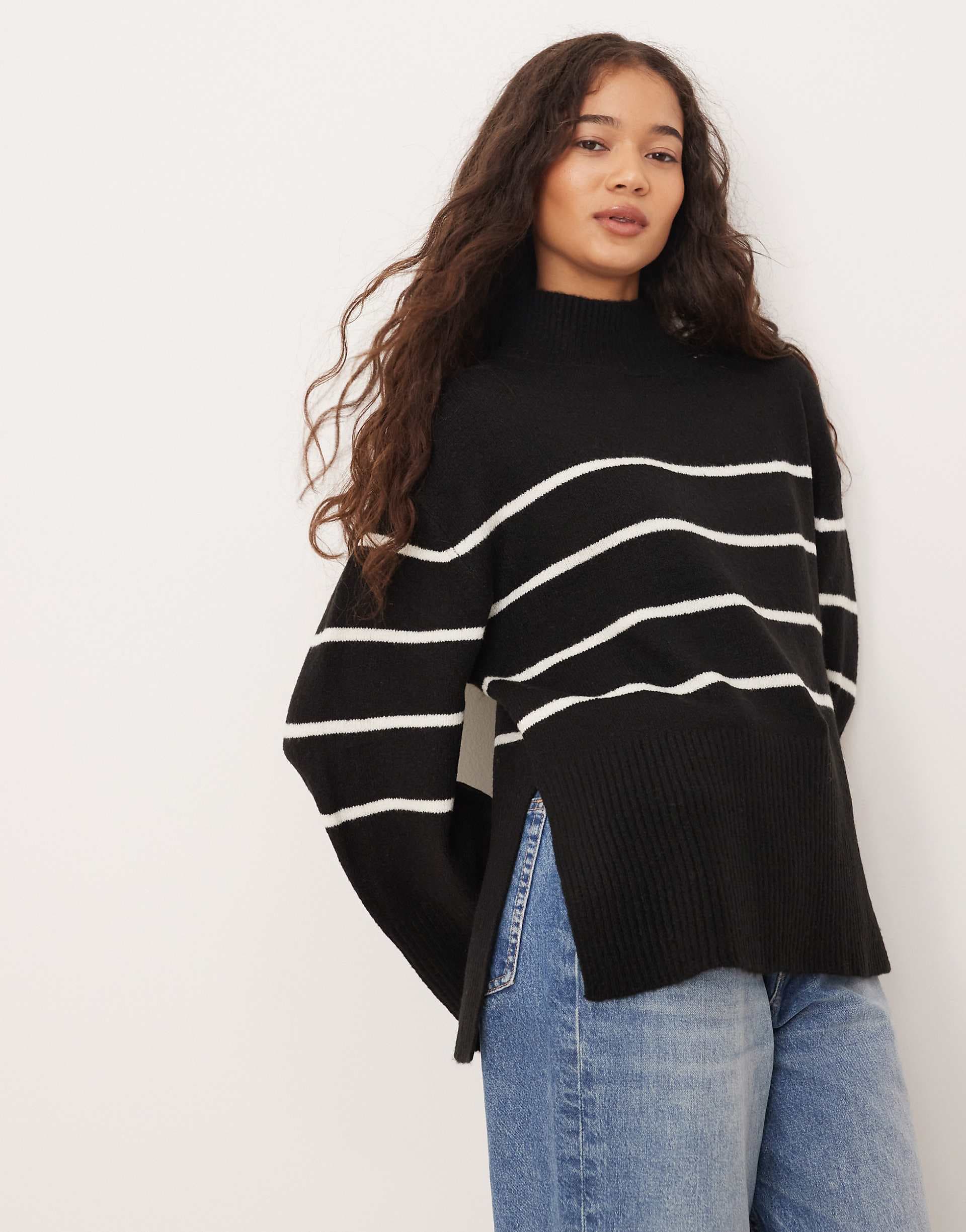 Brave Soul high neck loose fit sweater in black and white stripes