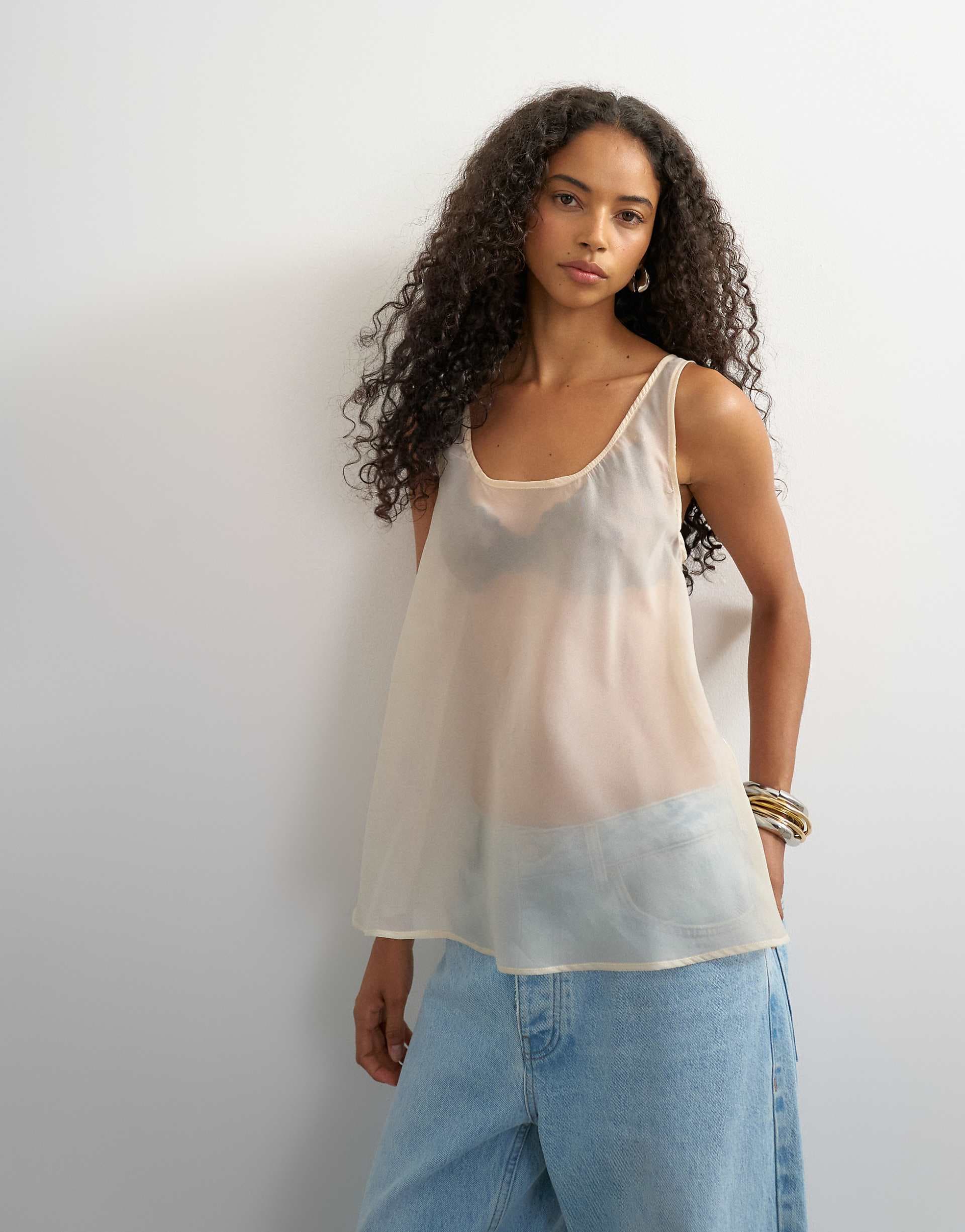 Topshop sleeveless organza scoop tank top in oyster