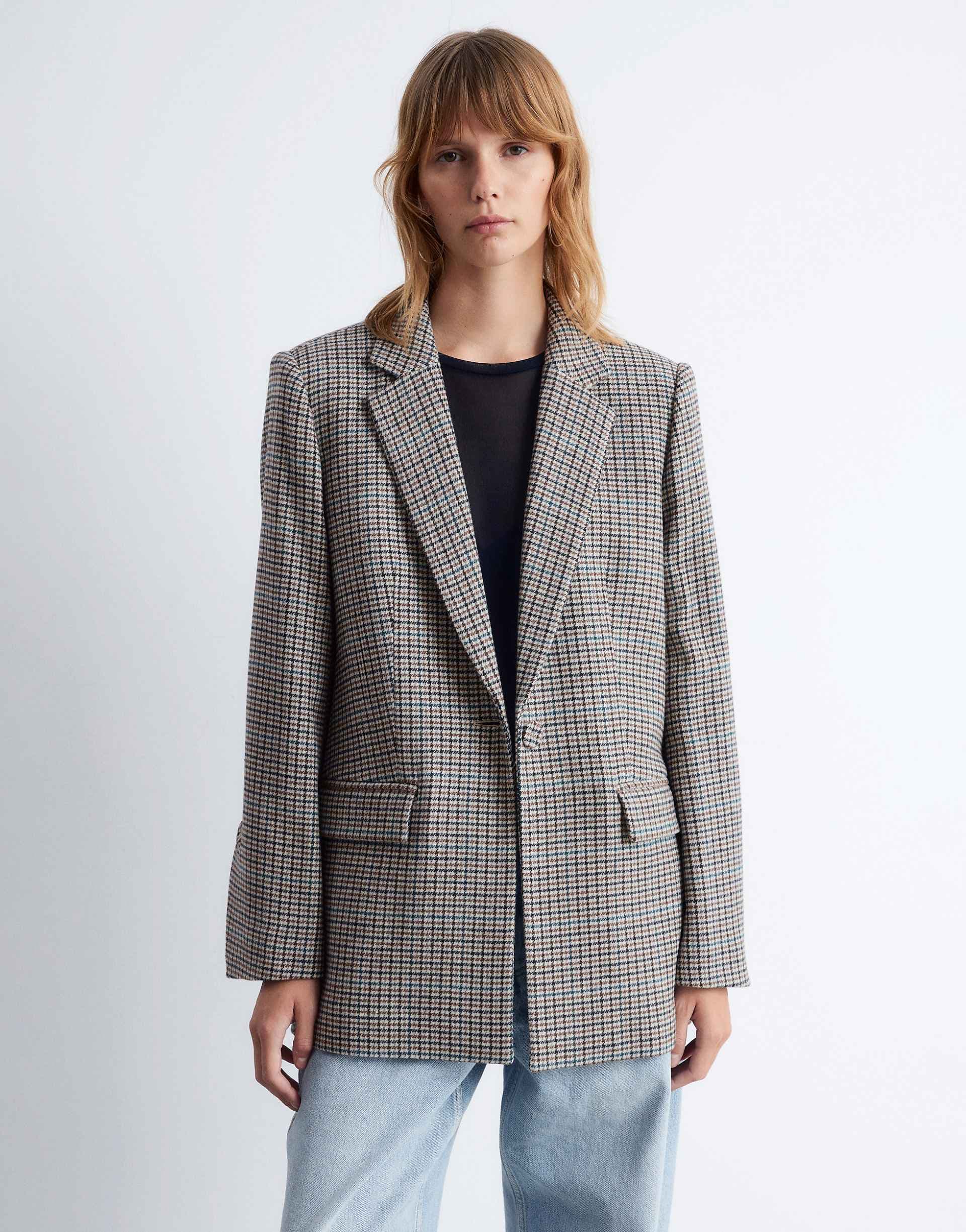 & Other Stories wool blend single breasted blazer in dark beige check - part of a set