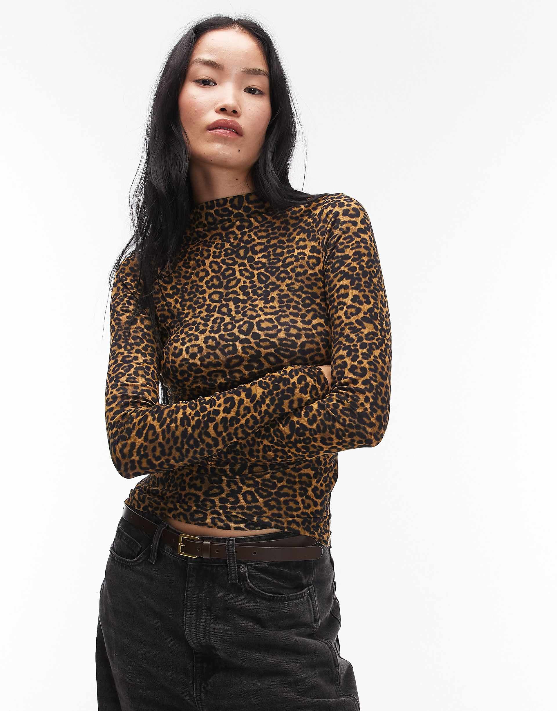 ARKET merino wool knit semi sheer wide rib knit mock neck top in leopard print