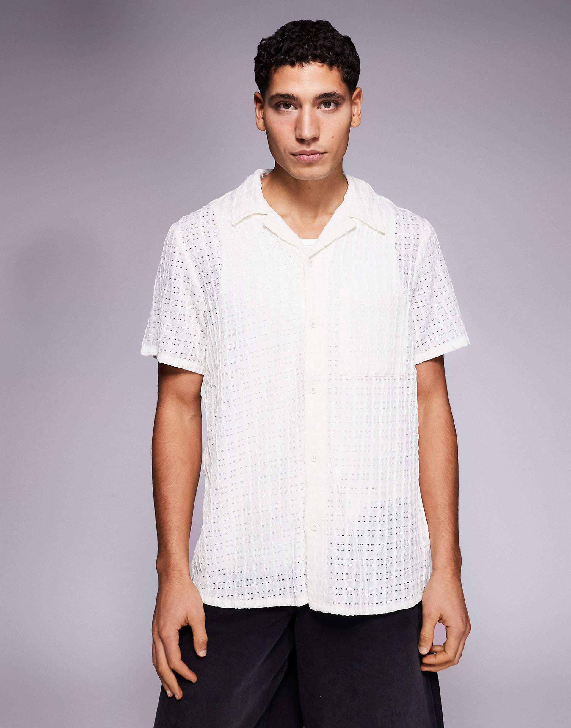 South Beach textured camp collar beach shirt in cream