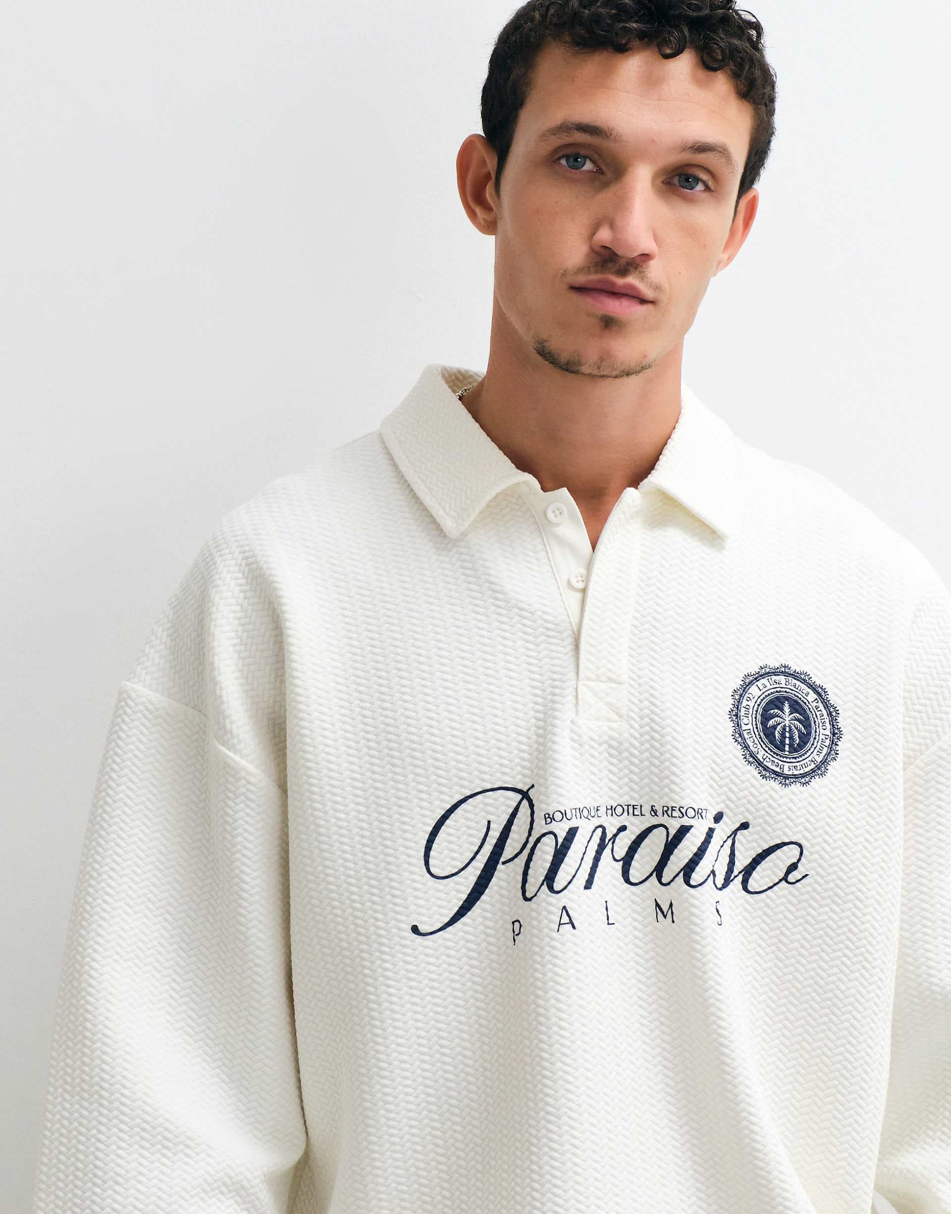 ASOS DESIGN extreme oversized crew neck sweatshirt with blue text print in cream