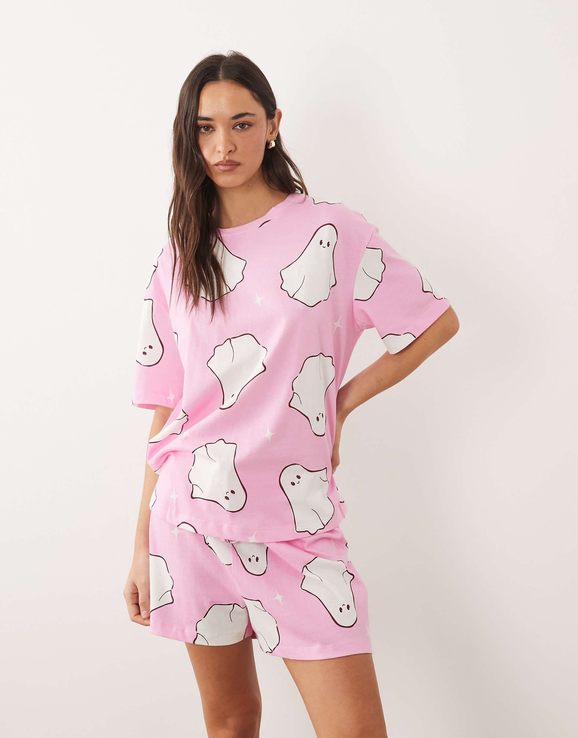 ASOS DESIGN oversized tee and shorts pajama set in pink ghost print