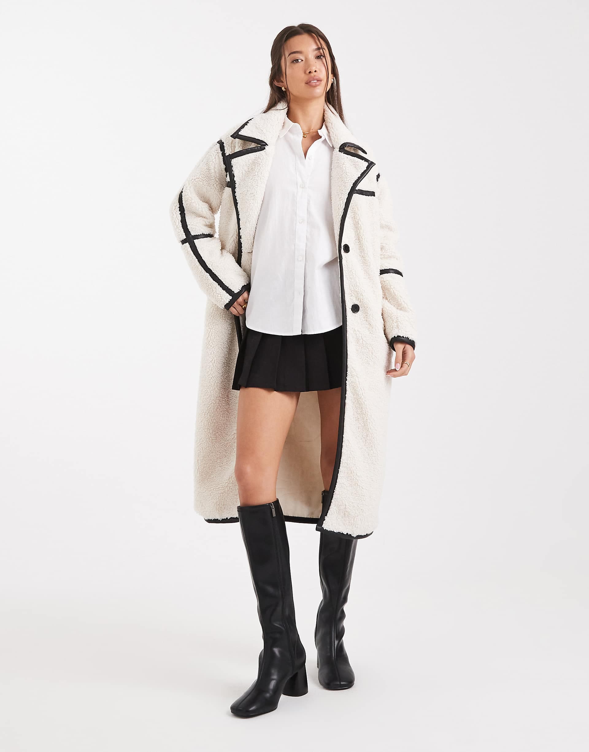 Wednesday's Girl longline fluffy teddy midaxi coat in cream