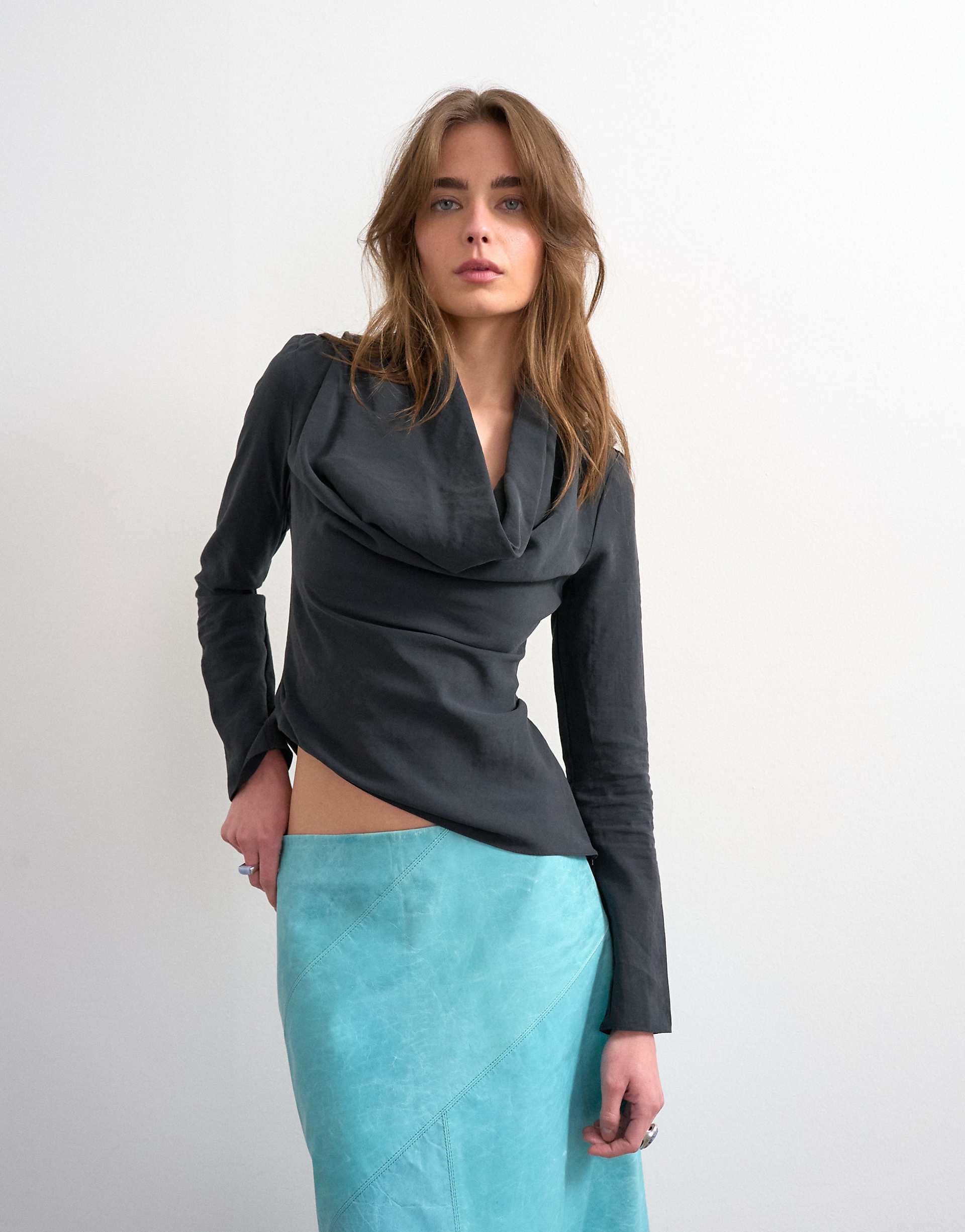 Topshop long sleeve cowl neck cupro top in black