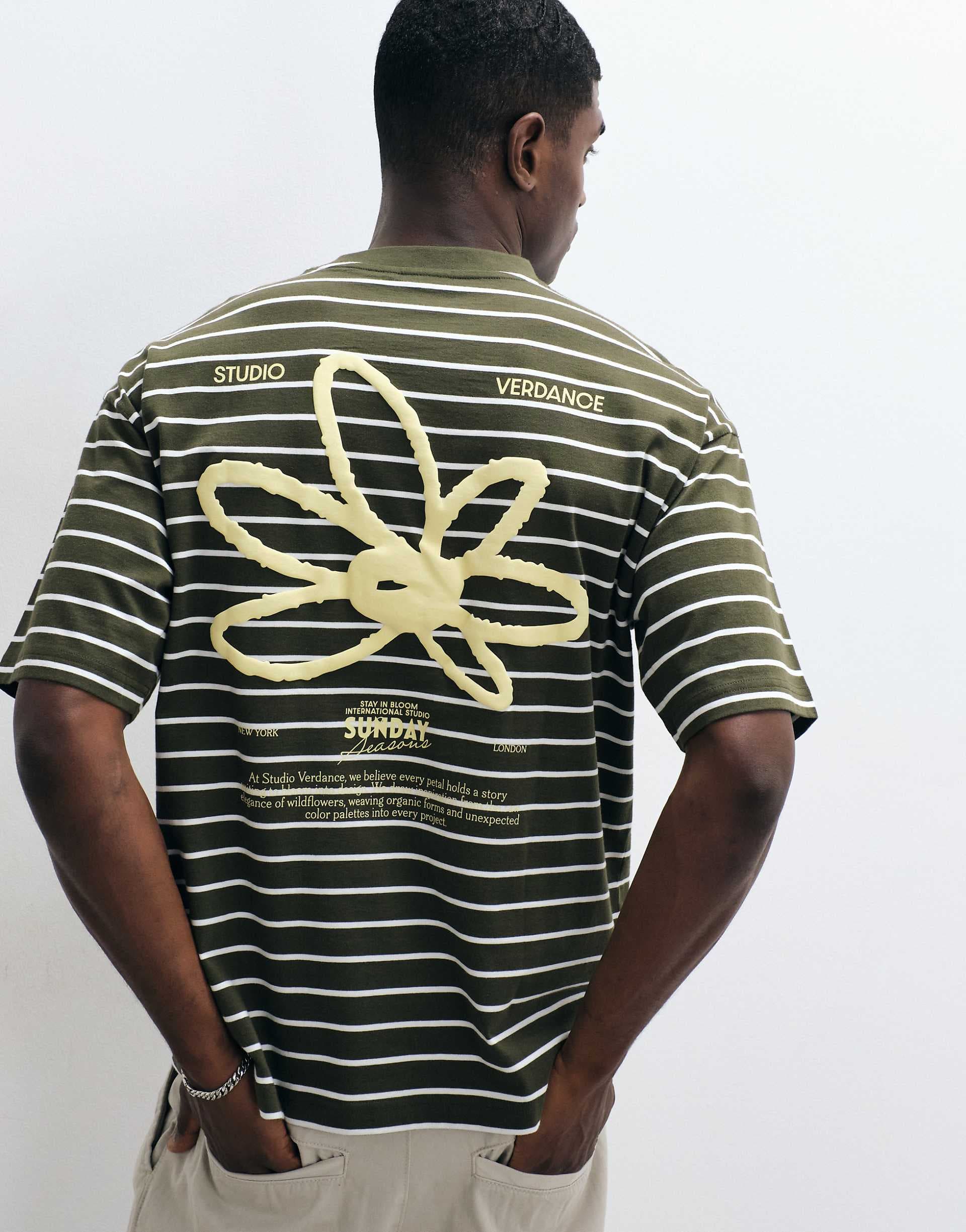 ASOS DESIGN oversized T-shirt with floral puff graphic in green stripe