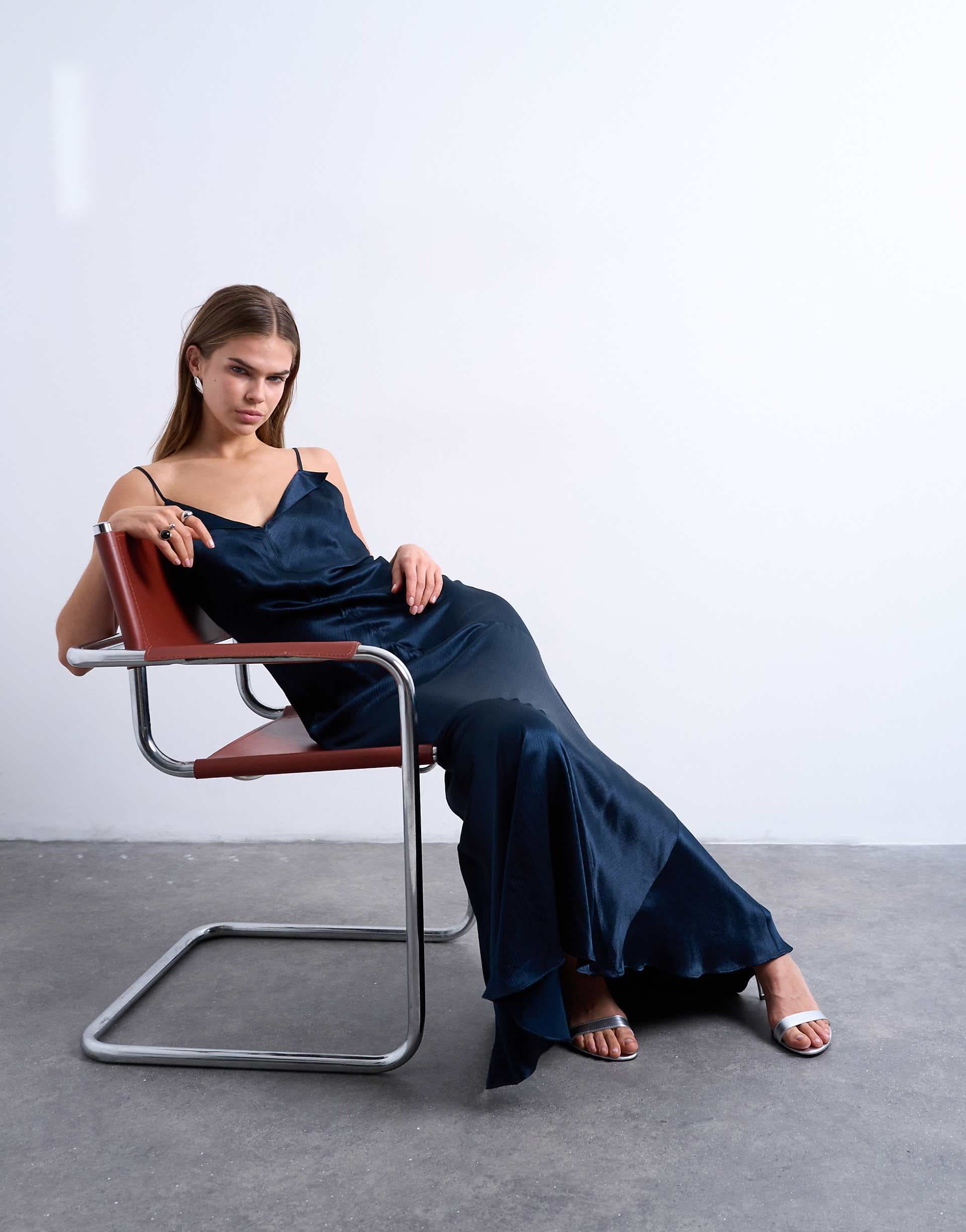 Topshop folded edge satin Cami slip maxi dress in navy