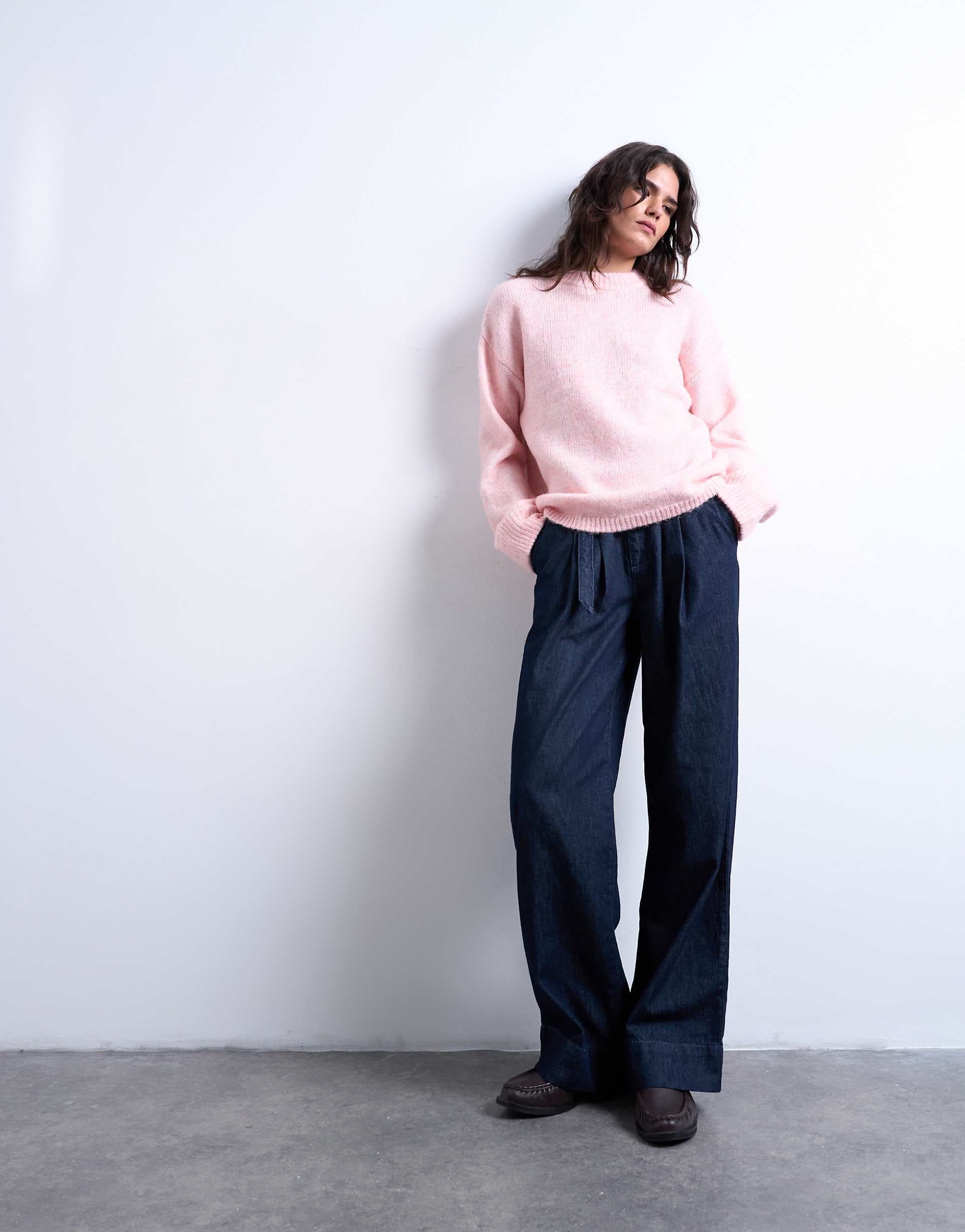 Topshop fluffy knit boxy crew neck sweater in pink
