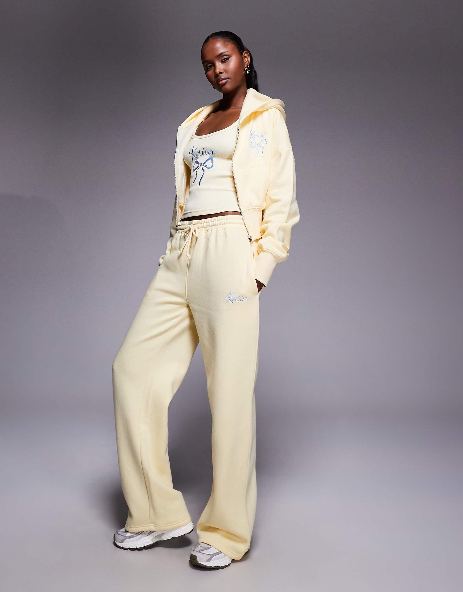 Kaiia cotton rich embroidered bow logo wide leg sweatpants in lemon and blue - part of a set