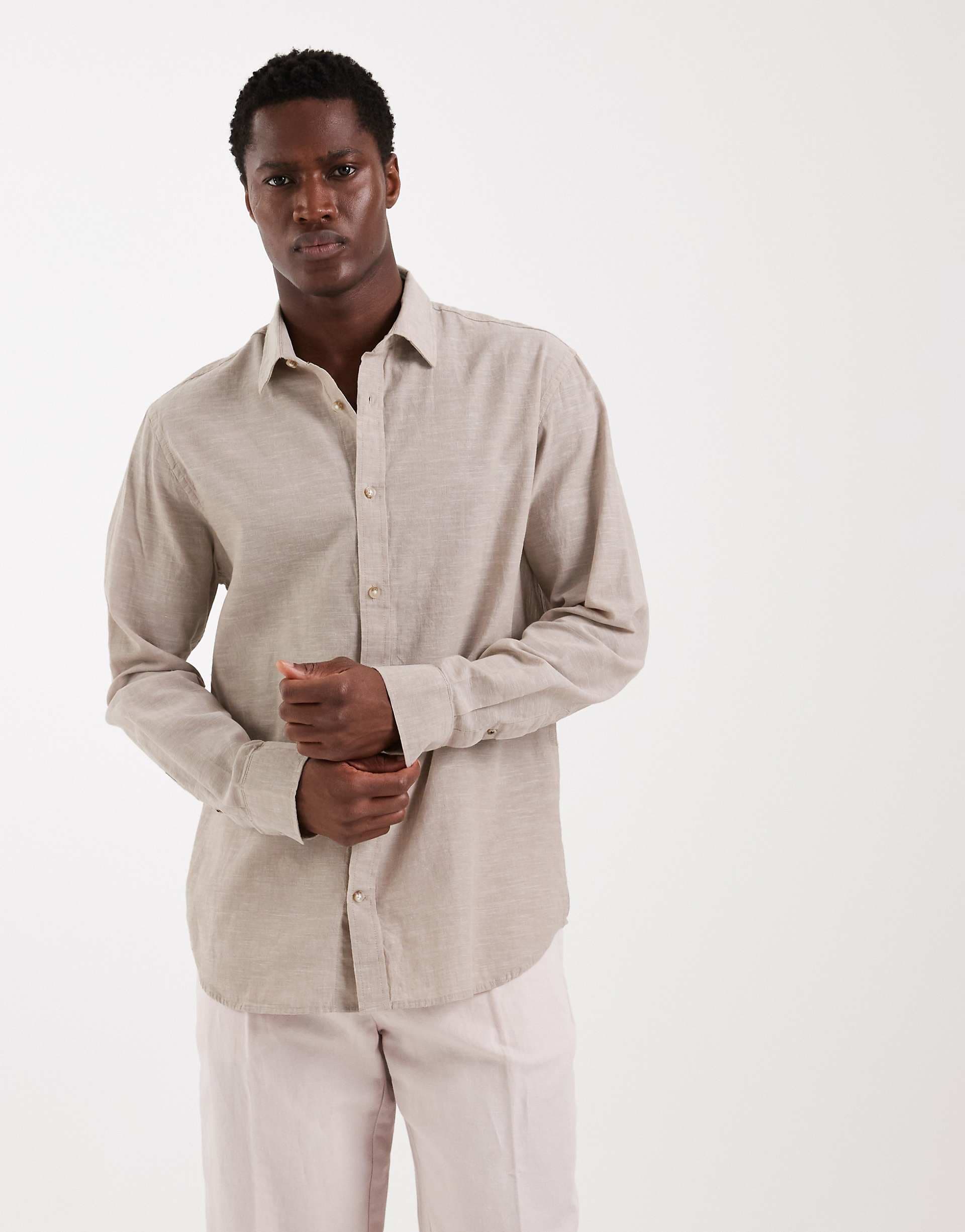 Jack & Jones linen blend long sleeve shirt in beige