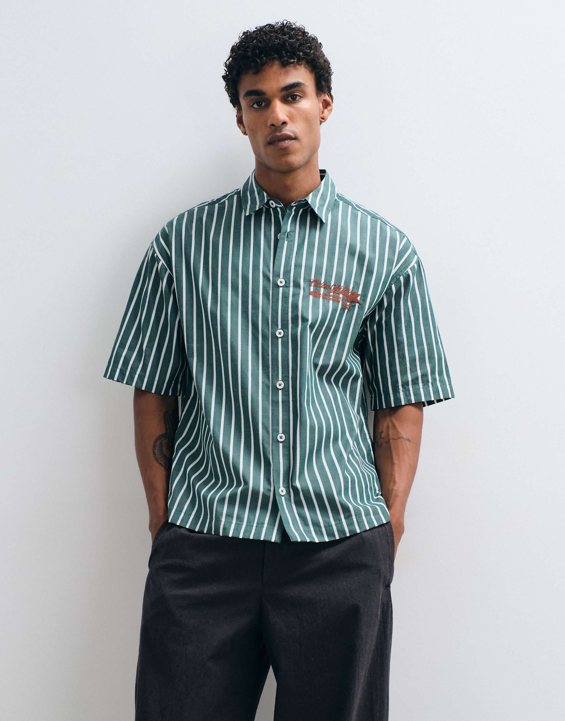 ASOS DESIGN boxy oversized striped shirt with chest embroidery in green
