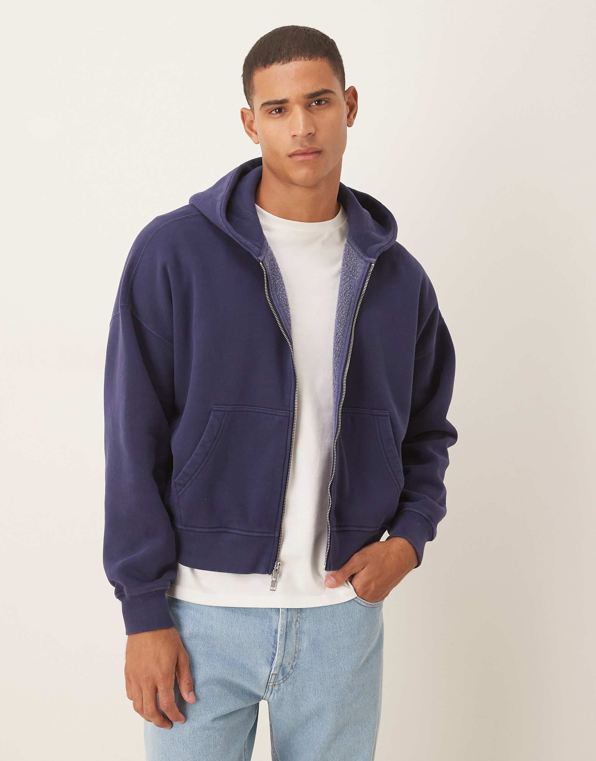 Abercrombie & Fitch cropped zip hoodie in navy