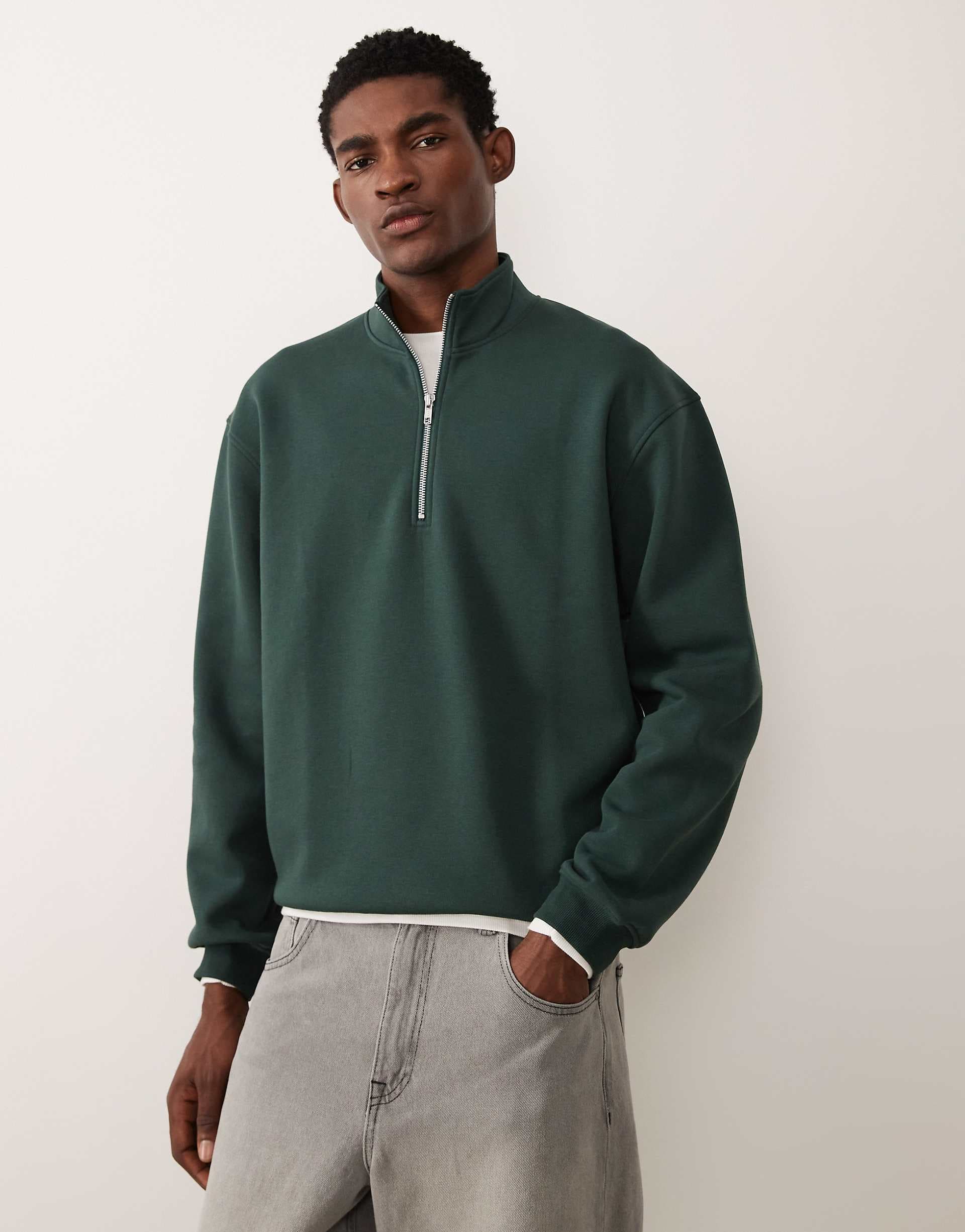 ASOS DESIGN essentials relaxed quarter zip sweatshirt in dark green
