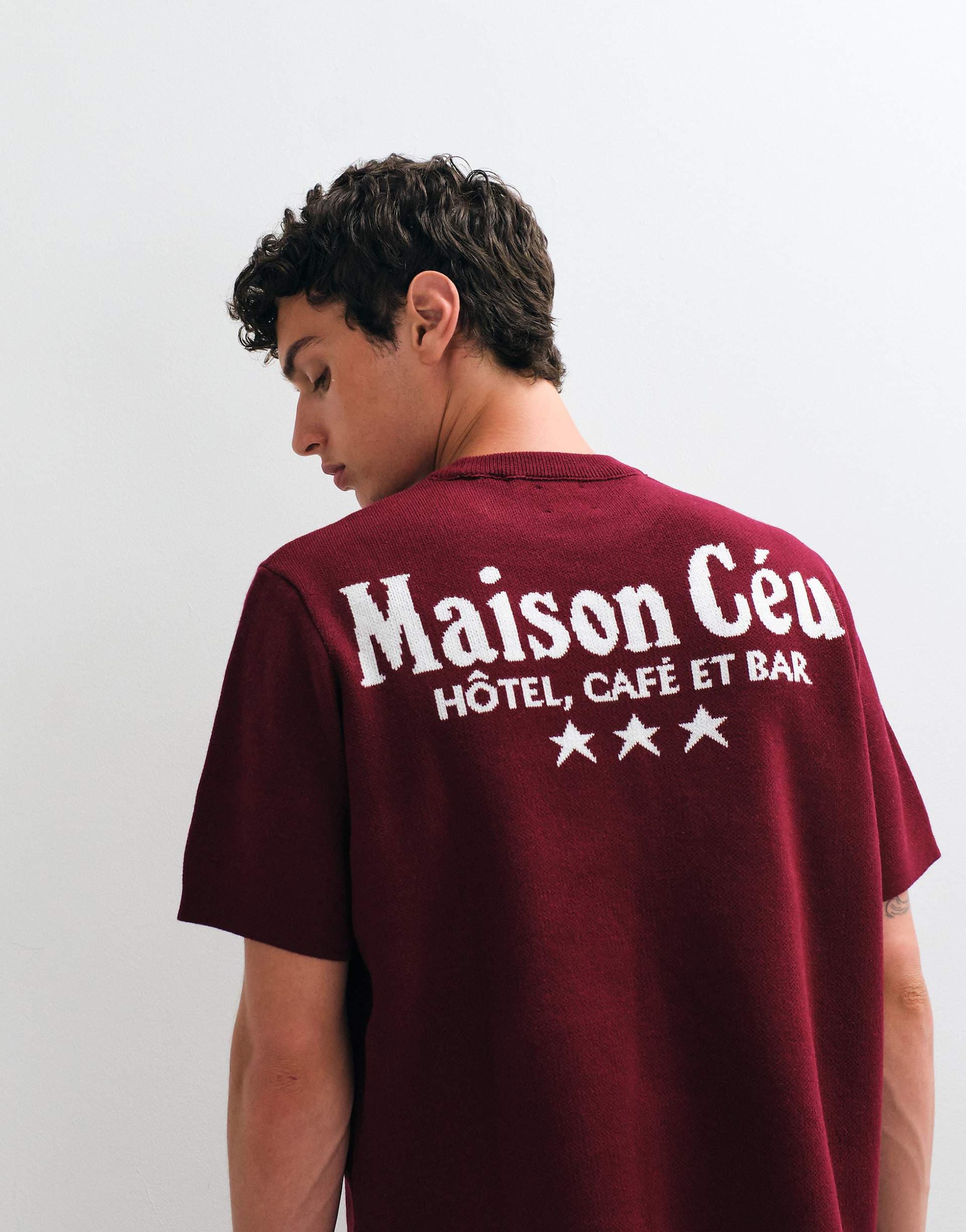 ASOS DESIGN oversized knitted t-shirt with graphic in berry
