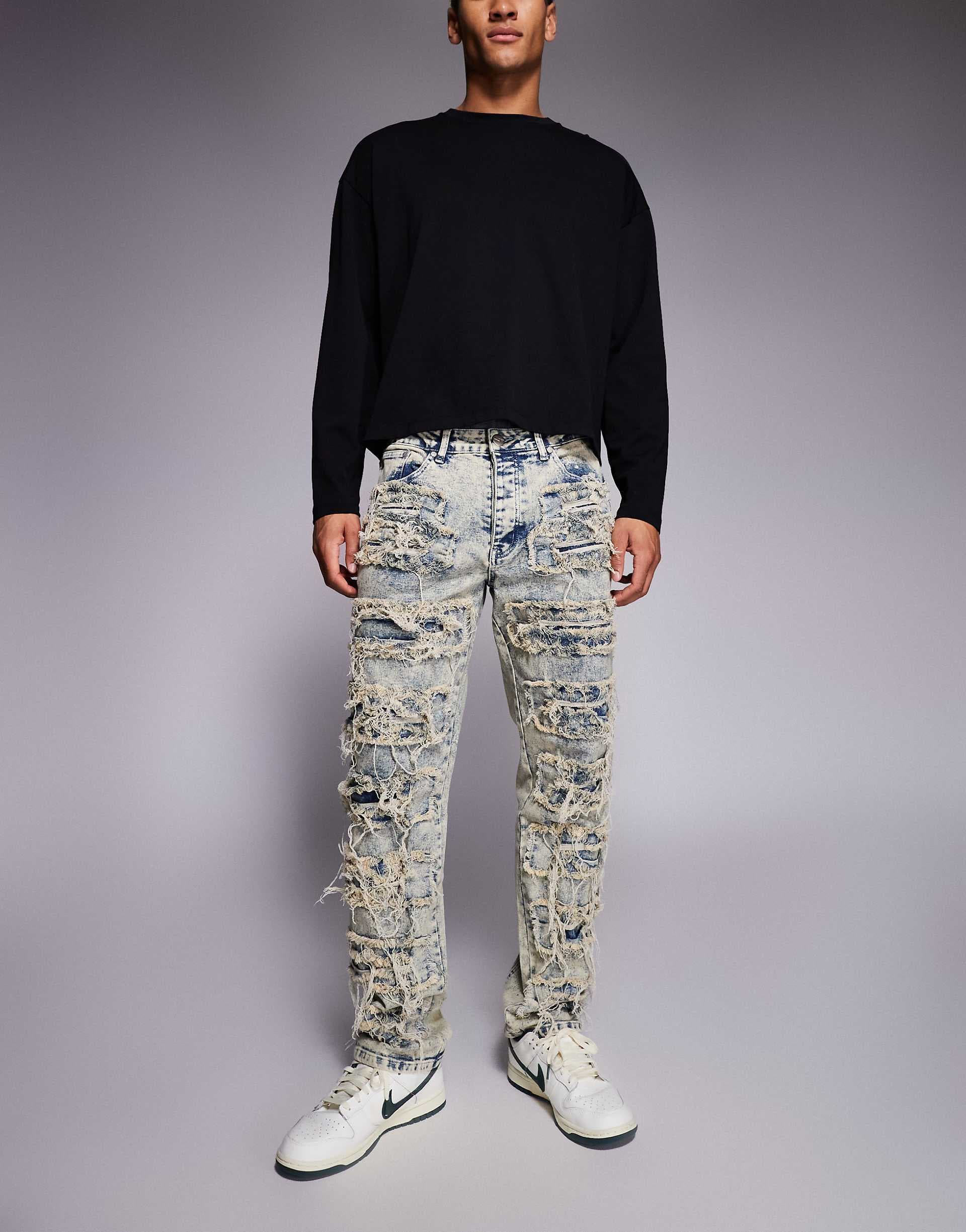 Liquor N Poker relaxed stacked rip repair denim jeans in light blue wash